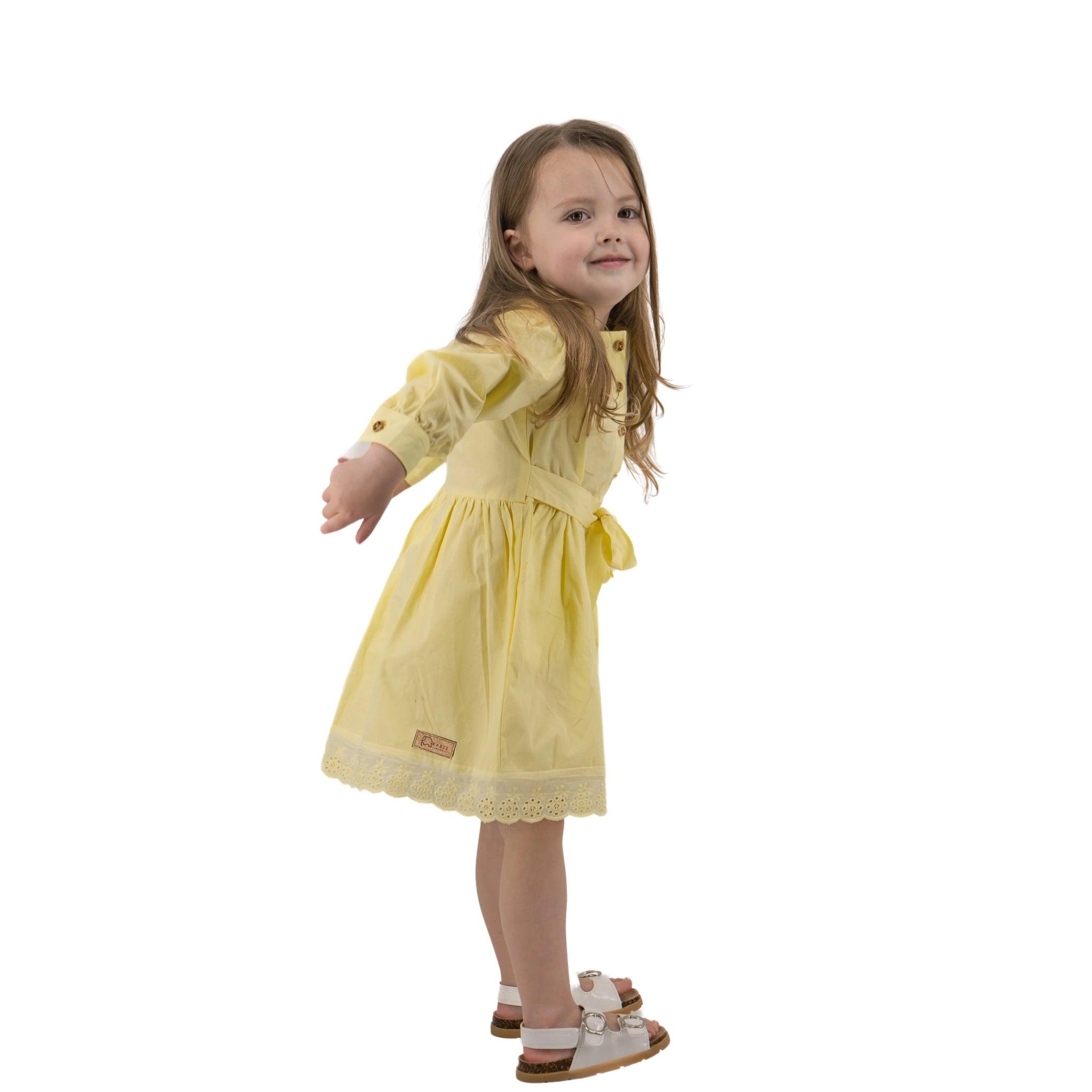 Yellow Long Puff Sleeve Cotton Dress - DressKaree