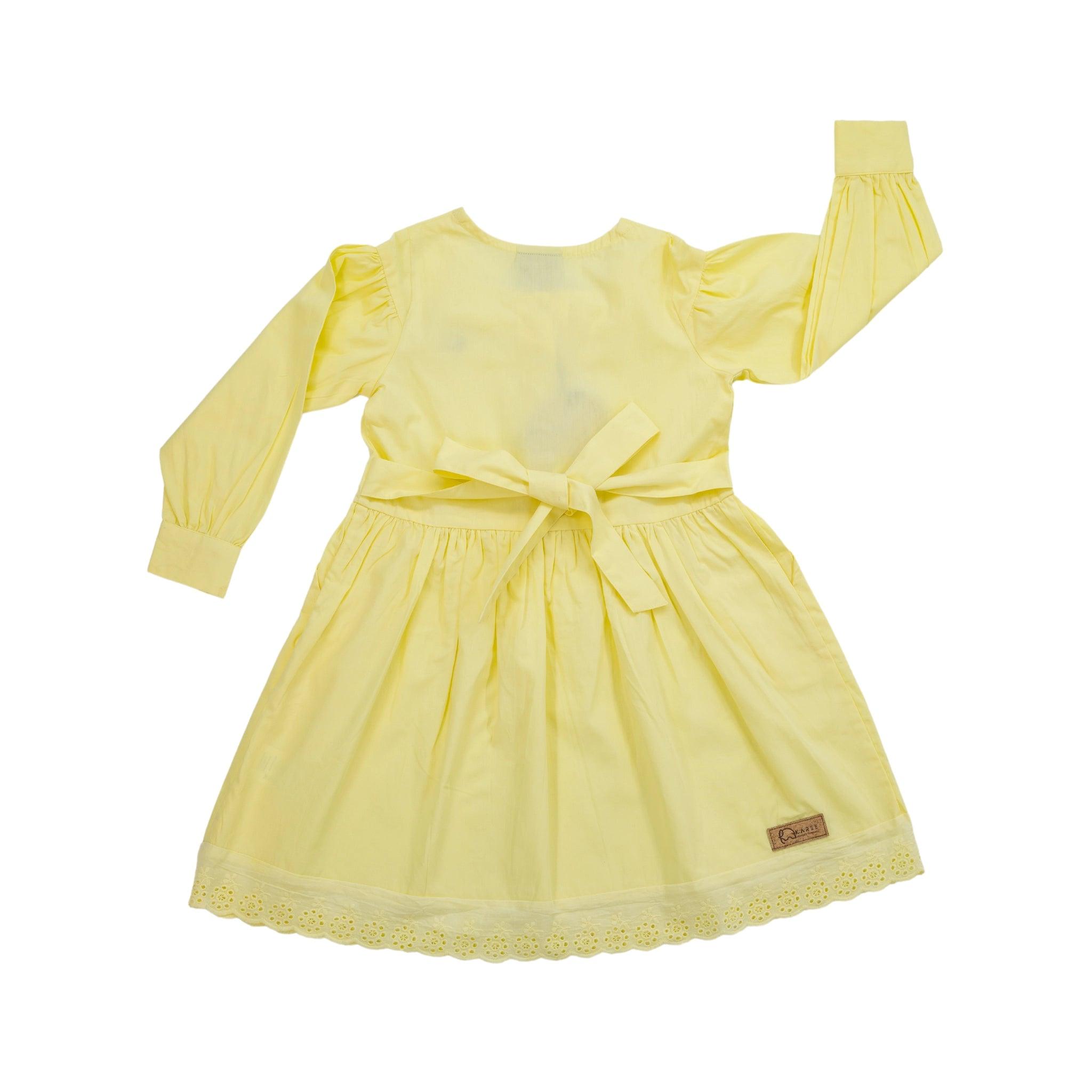 Yellow Long Puff Sleeve Cotton Dress - DressKaree