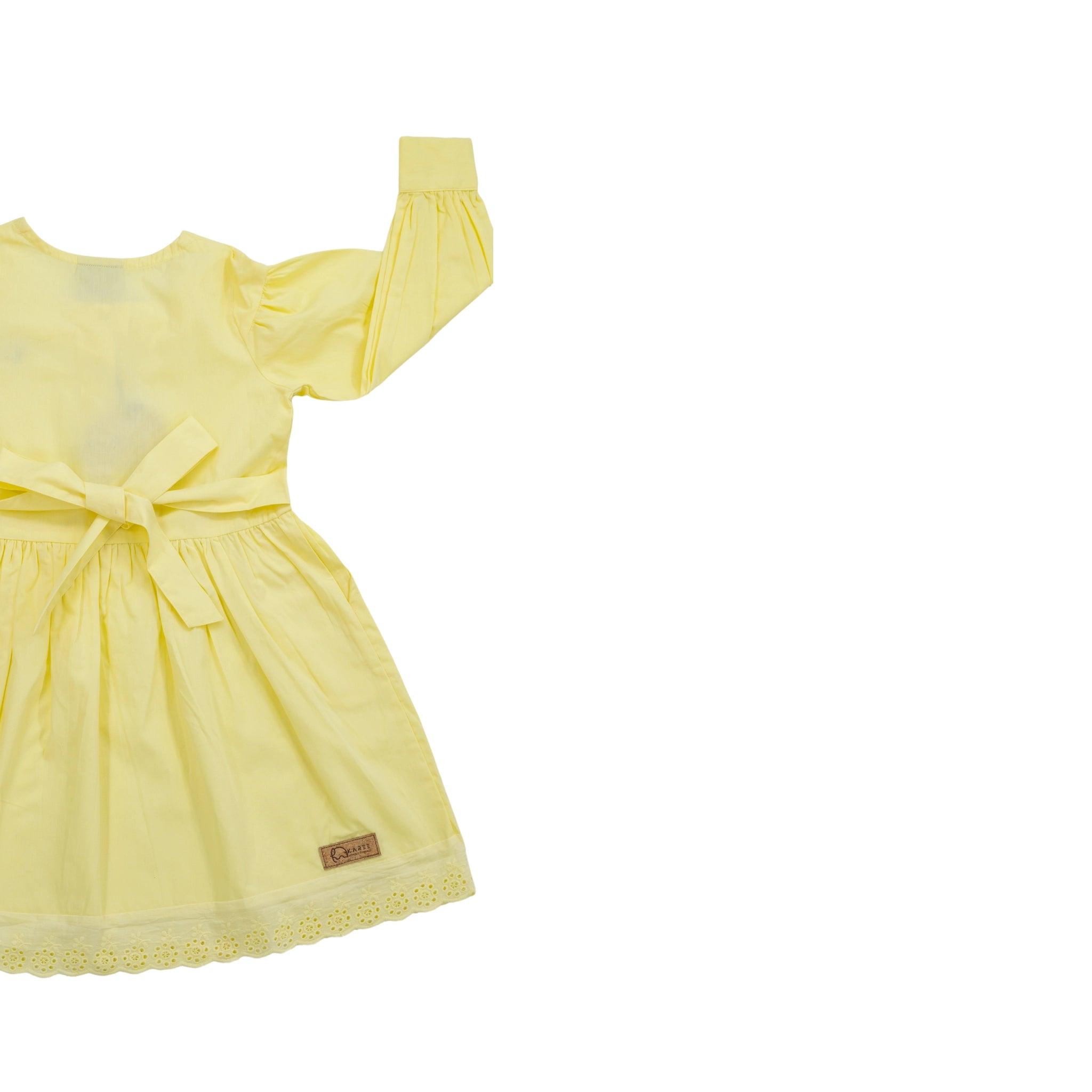 Yellow Long Puff Sleeve Cotton Dress - DressKaree