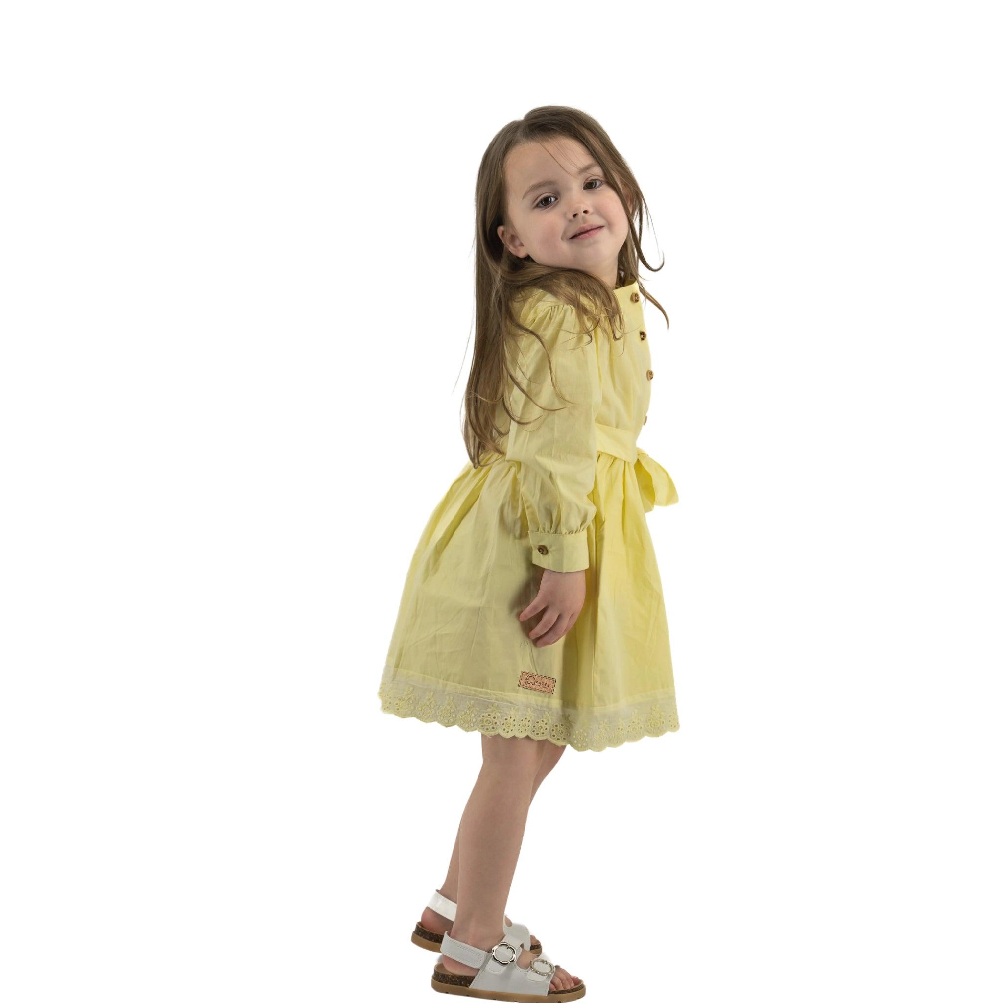 Yellow Long Puff Sleeve Cotton Dress - DressKaree