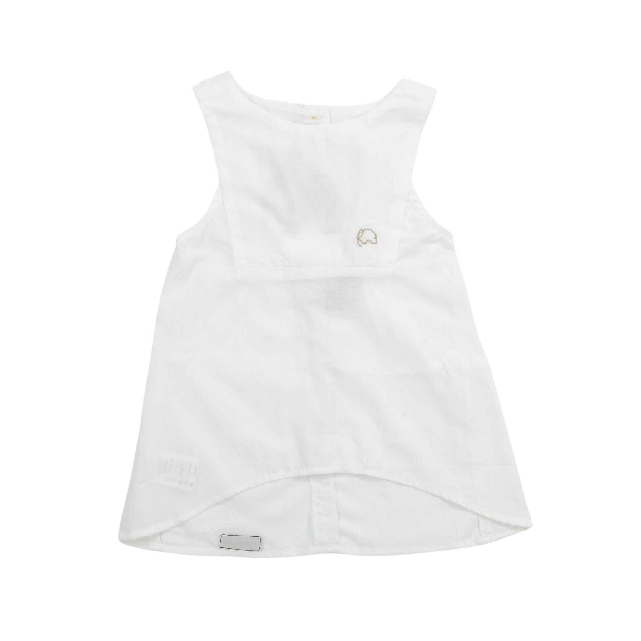 Brilliant White Cotton Bib Neck Top for kids by Karee, with a small embroidered elephant logo, crafted from breathable cotton, displayed against a white background.