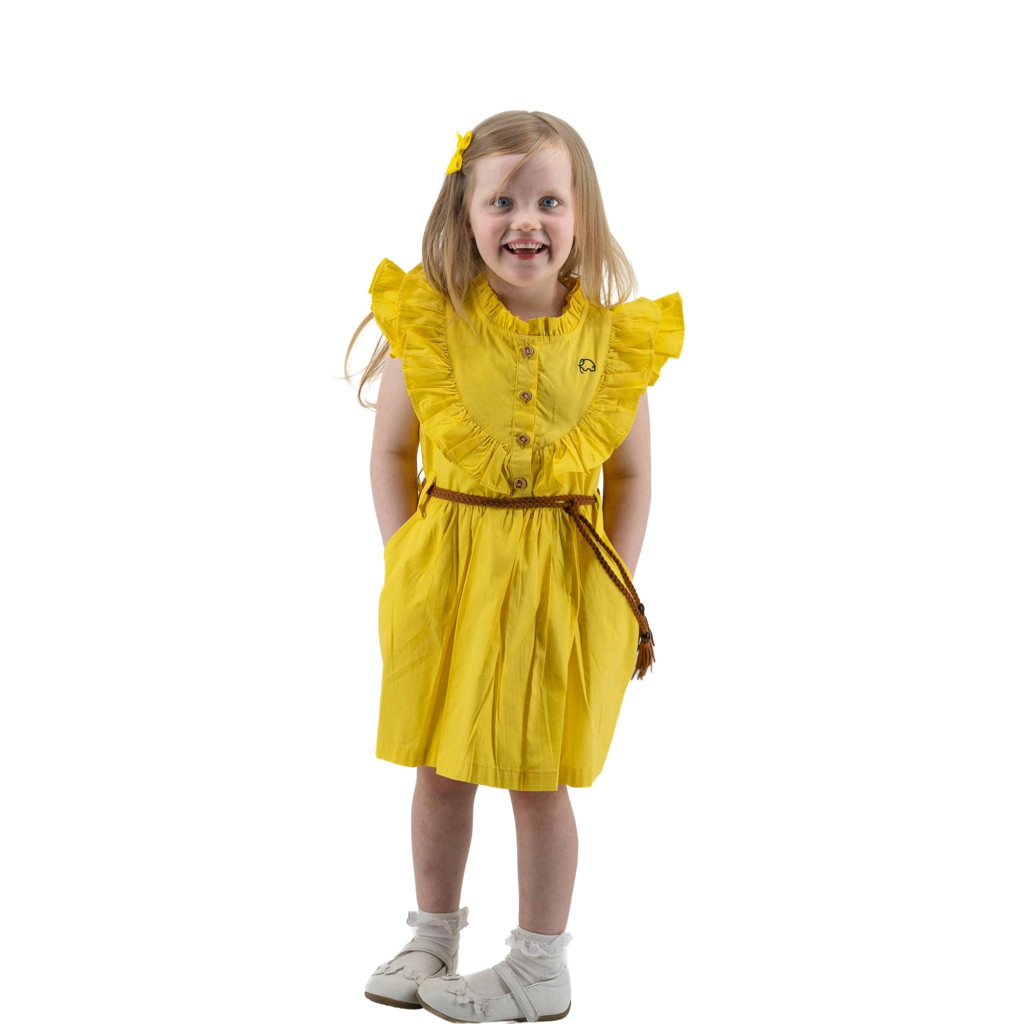 Yellow Butterfly Sleeve Cotton Dress For Girls - Karee-Designs