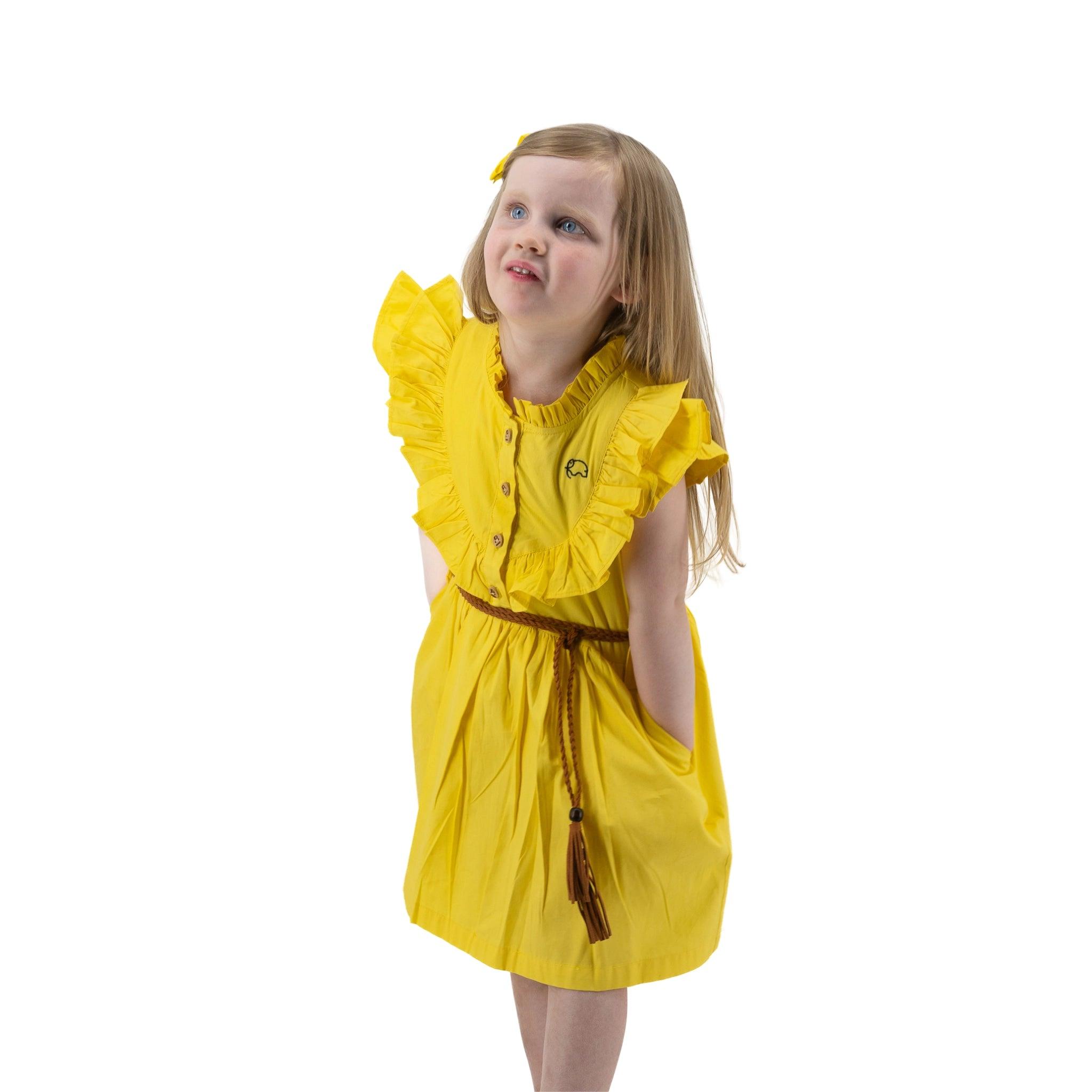 Yellow Butterfly Sleeve Cotton Dress For Girls - Karee-Designs