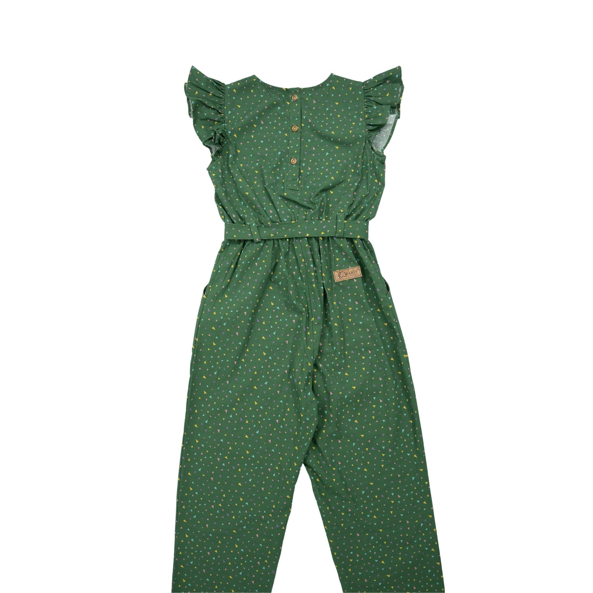 Green Karee confetti cotton V-neck jumpsuit for kids with ruffle sleeves and a belted waist displayed on a white background.