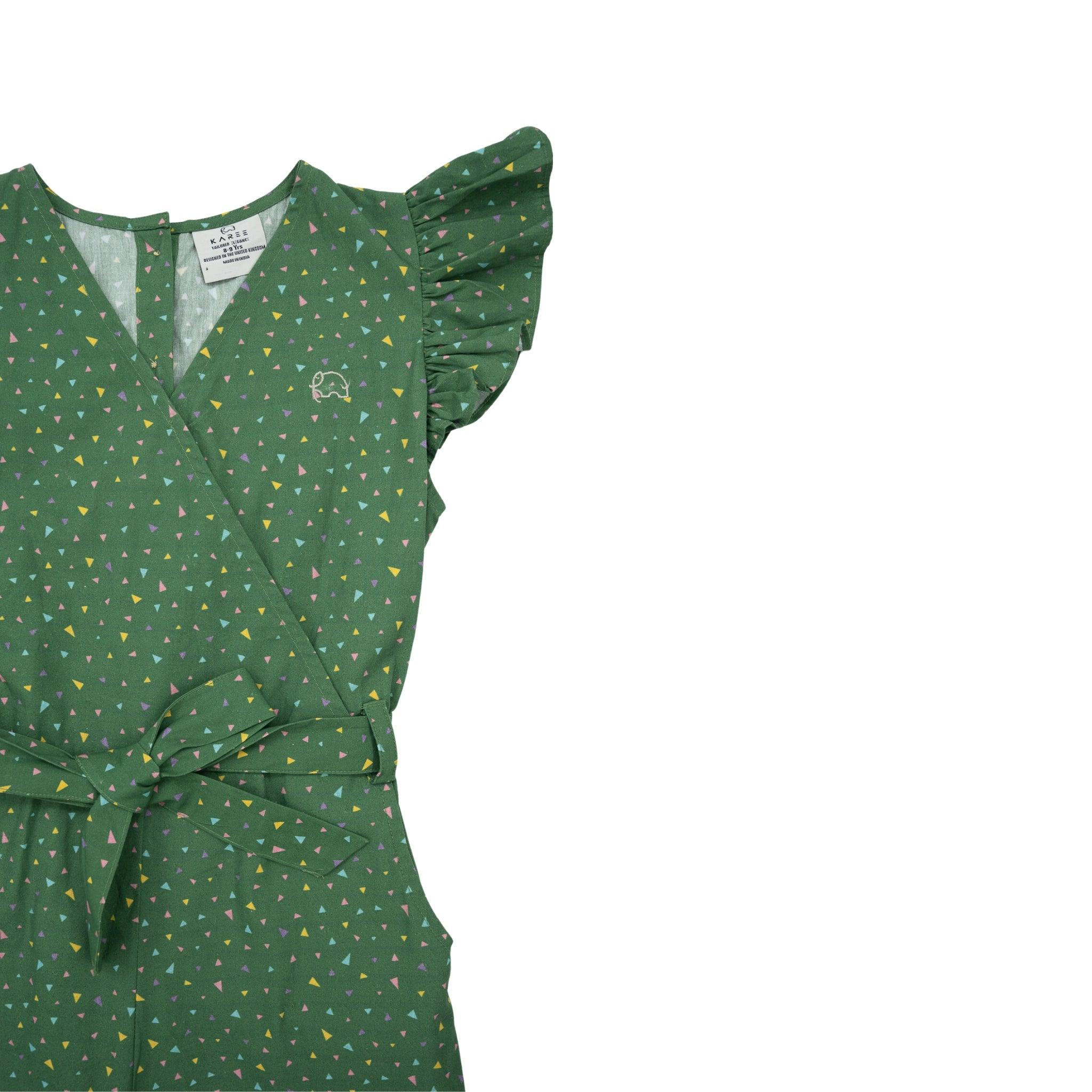 Karee's Green Confetti Cotton V-Neck Jumpsuit for Kids with a floral pattern and ruffle sleeves on a white background.