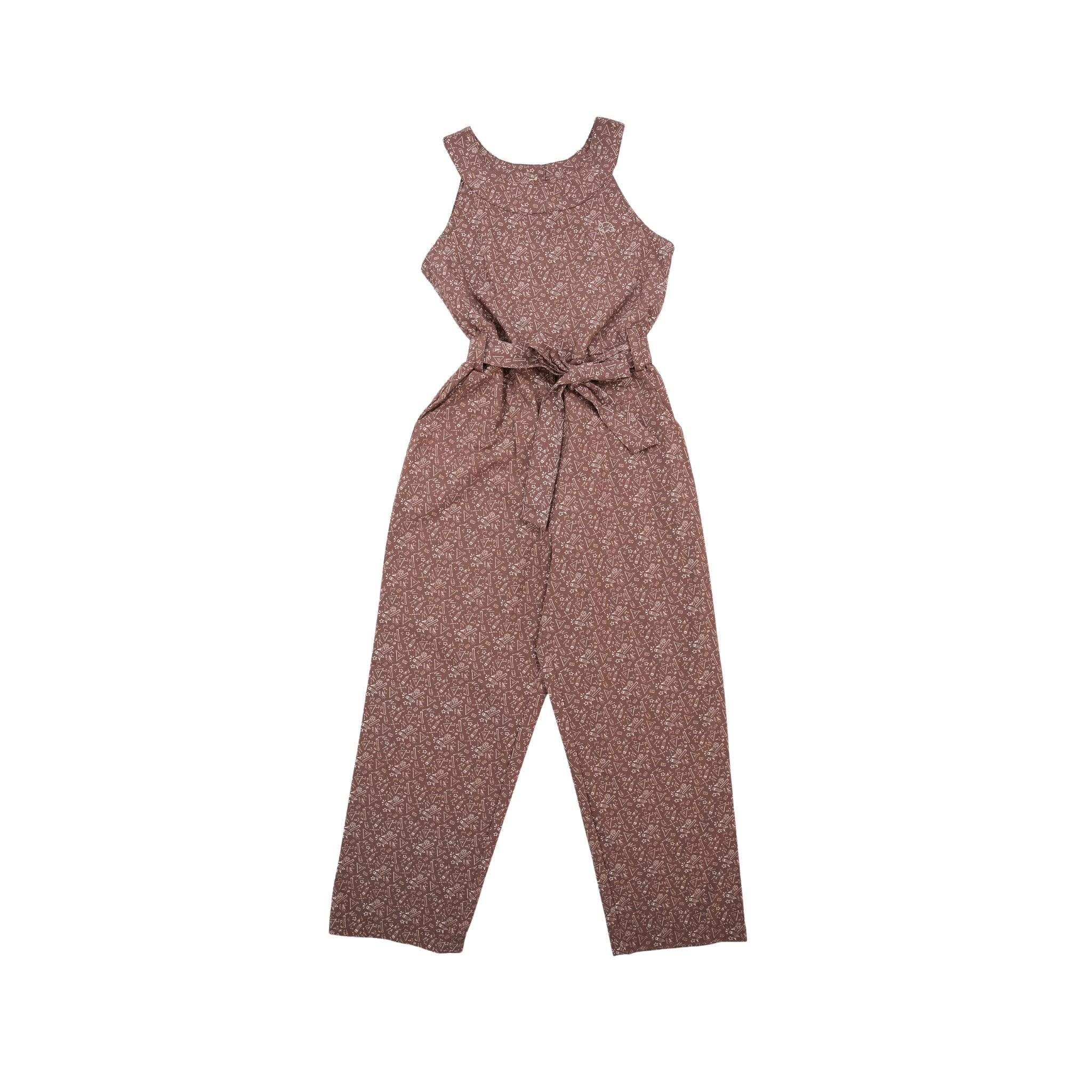 Sleeveless floral jumpsuit made from sustainable fabric with a tie waist, displayed flat against a white background.