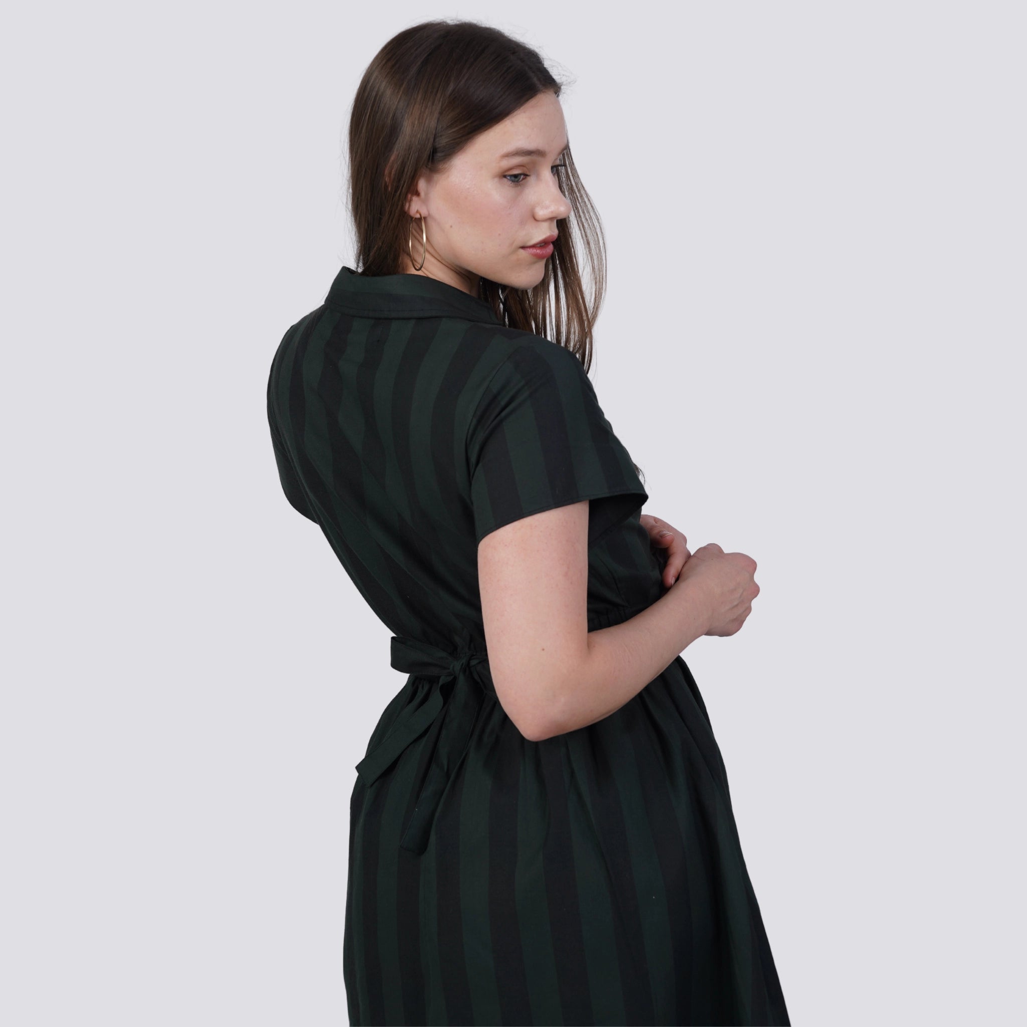 Green & Black Striped Shirt Dress