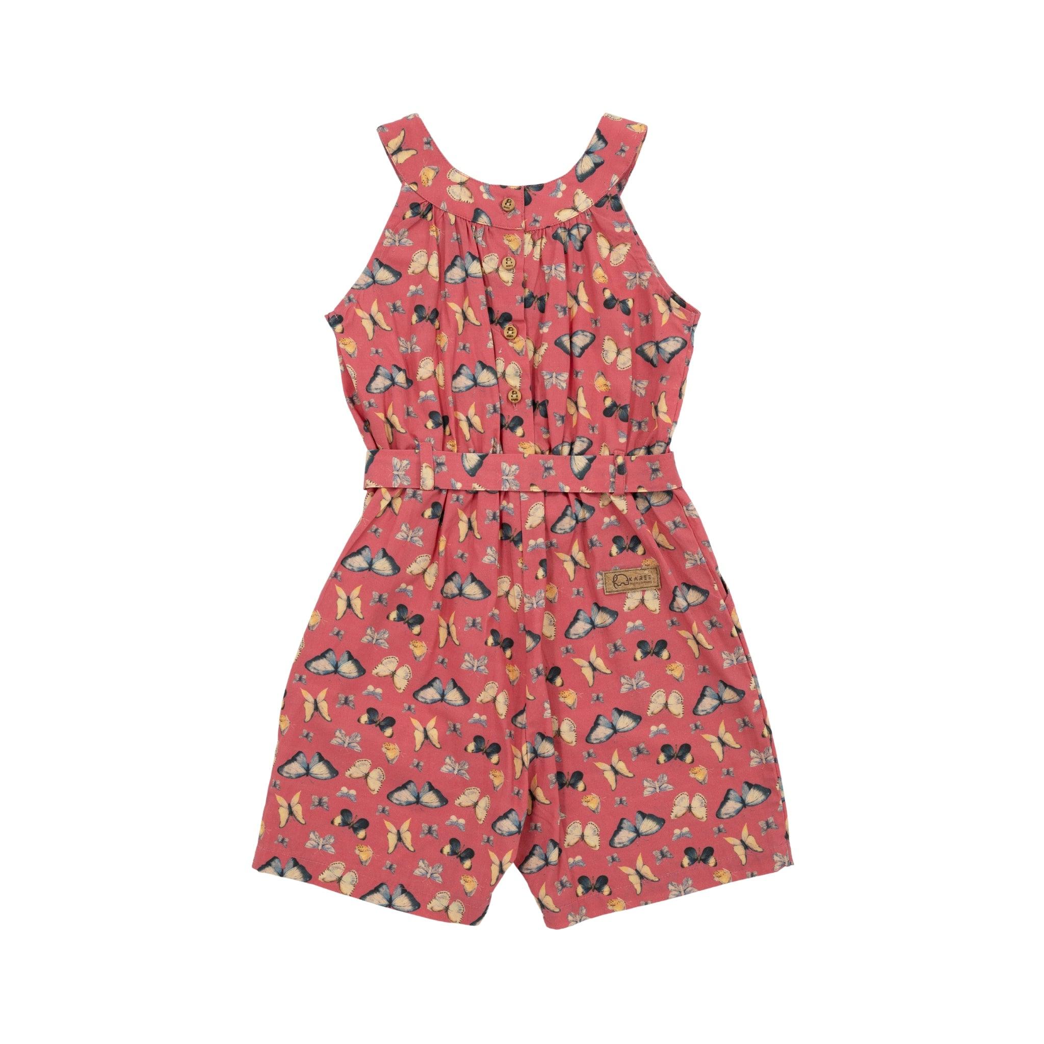 A sleeveless Blue Surf Adventure-ready Cotton Play Suit romper with a floral and bird print, cinched at the waist, crafted from a premium cotton blend, displayed against a white background by Karee.