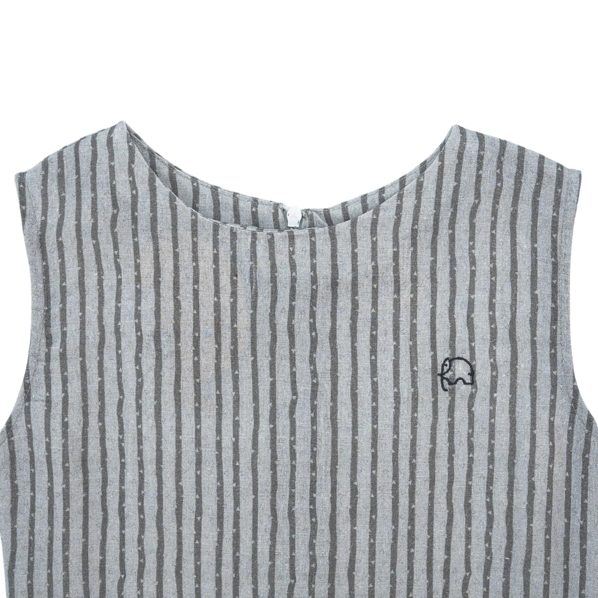 Karee Steel grey sleeveless top with white vertical stripes and a small embroidered elephant on the left side, against a plain background.