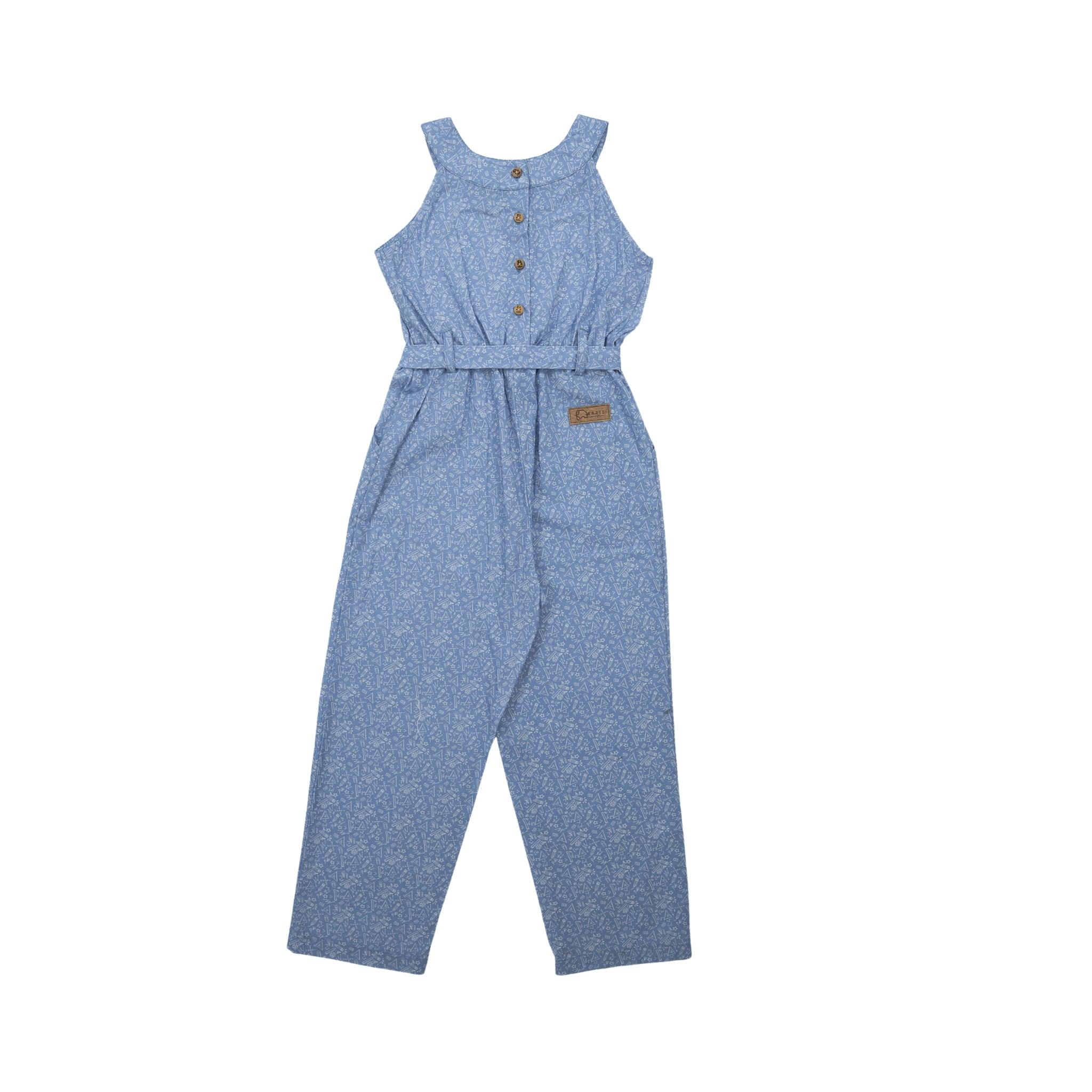 Sleeveless Purple Impression Cotton Jumpsuit for kids with button details and a cinched waist, displayed against a white background, exemplifies sustainable fashion by Karee.