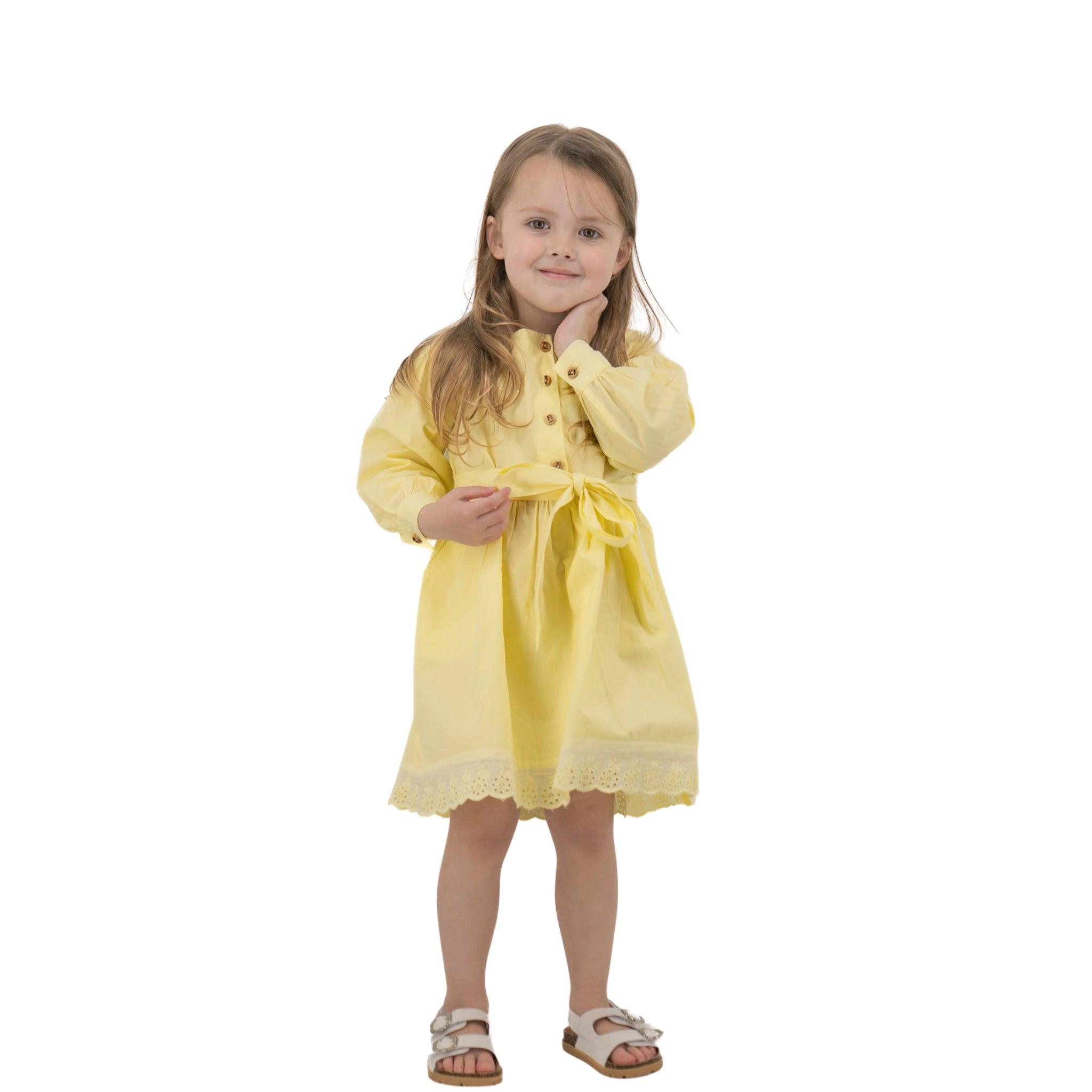 Yellow Long Puff Sleeve Cotton Dress - Karee-Designs