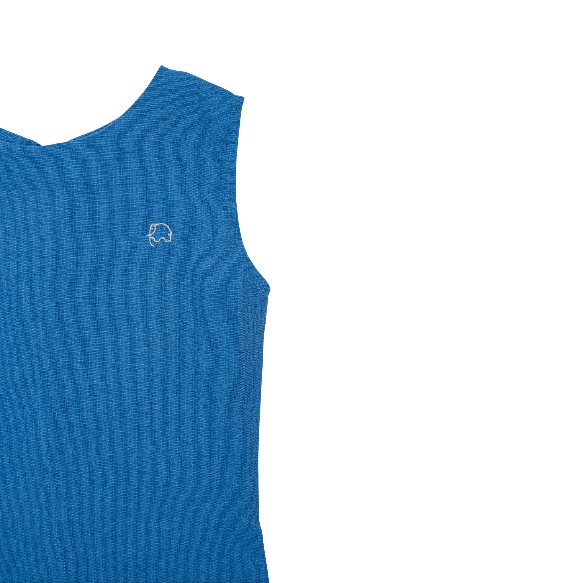 Karee blue sleeveless t-shirt with a small white elephant logo on the upper left side, displayed against a white background.