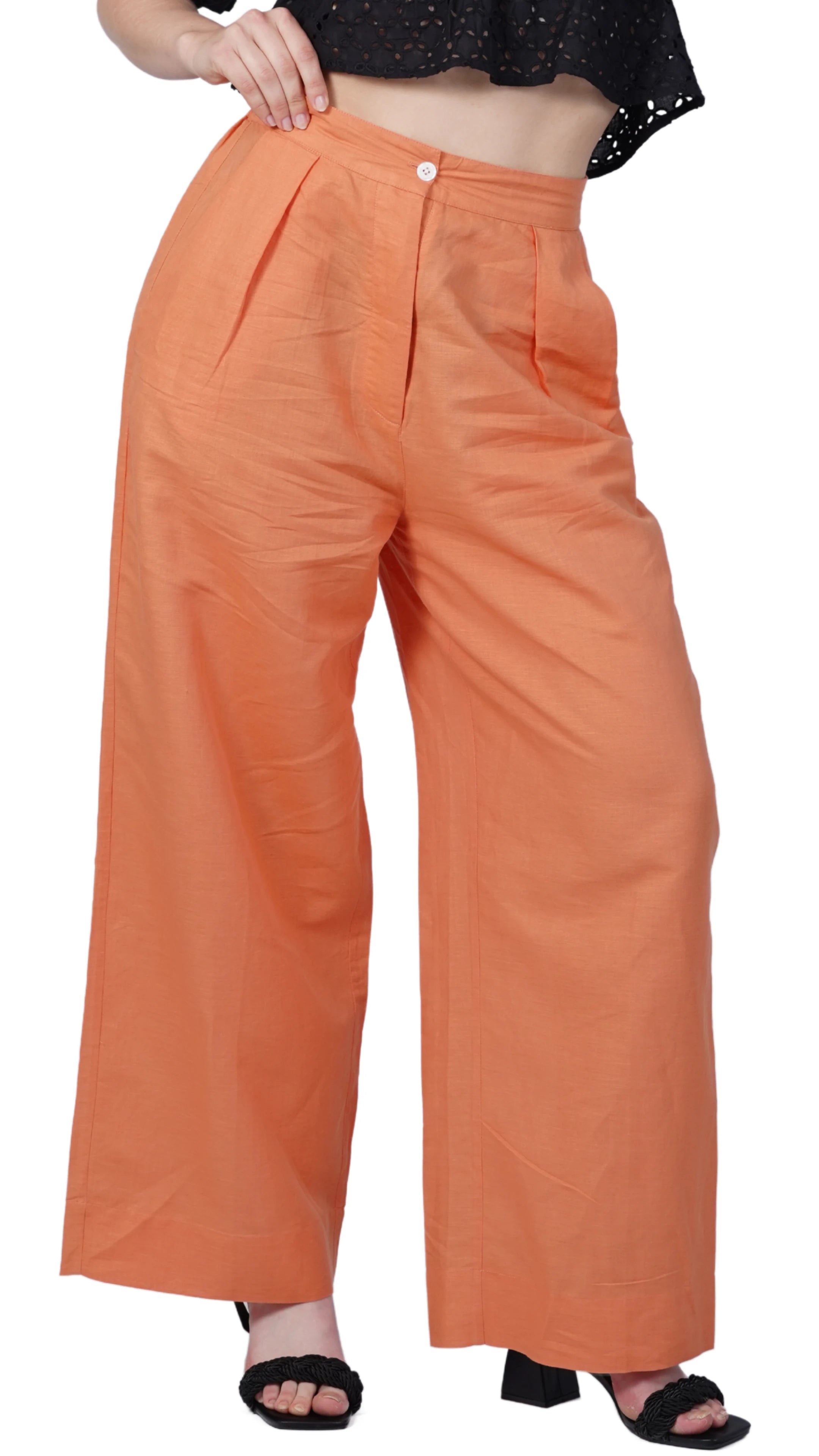 Embolden Your Look with Sustainable Luxury: Deep Saffron Wide Leg Linen Trousers