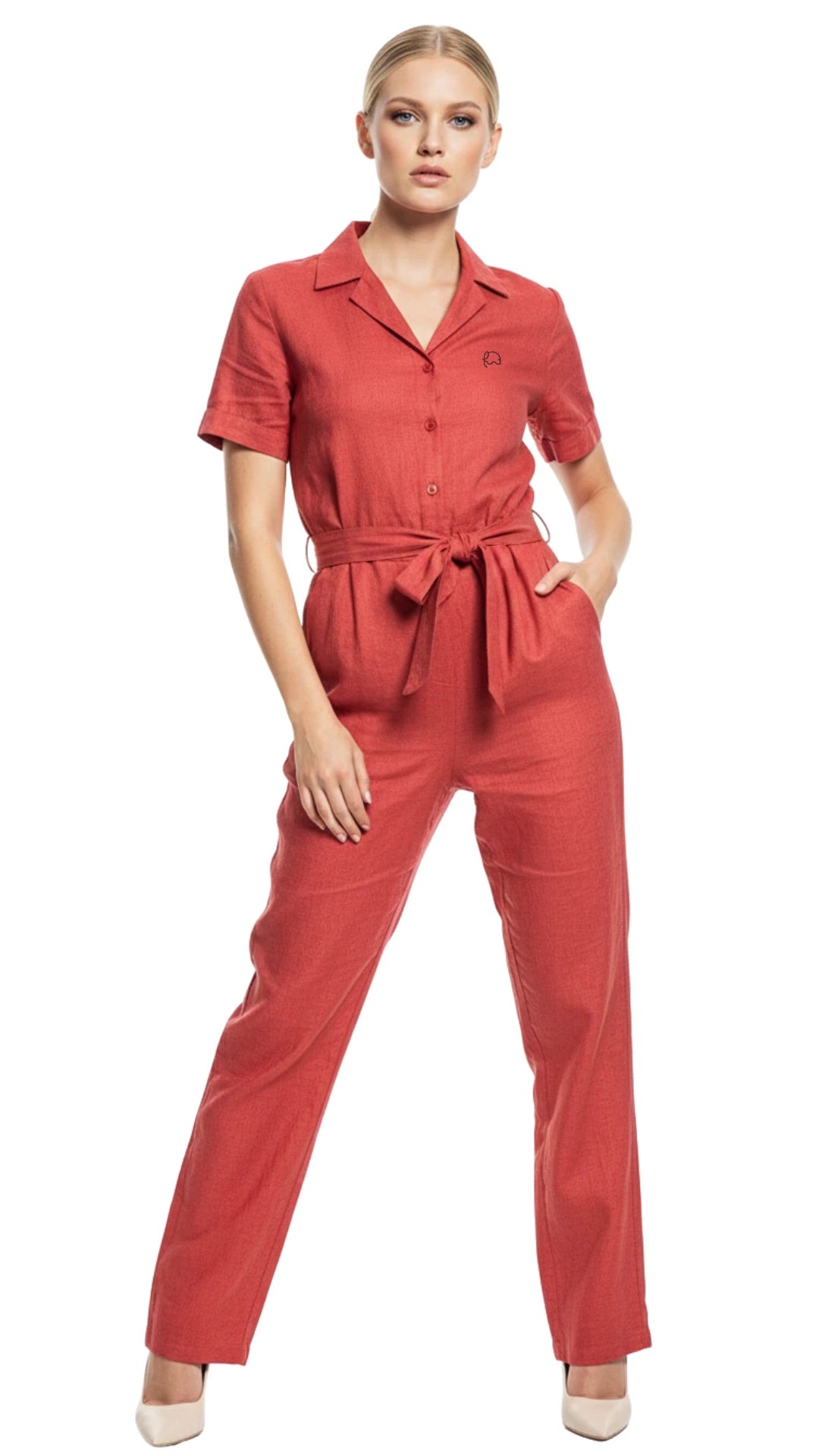 Model stylish pose of wearing a linen jumpsuit from Karee
