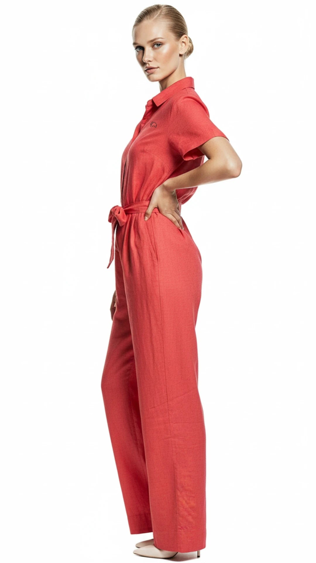 Model wearing Karee's relaxed fir Linen jumpsuit, casual jumpsuits for women with pockets