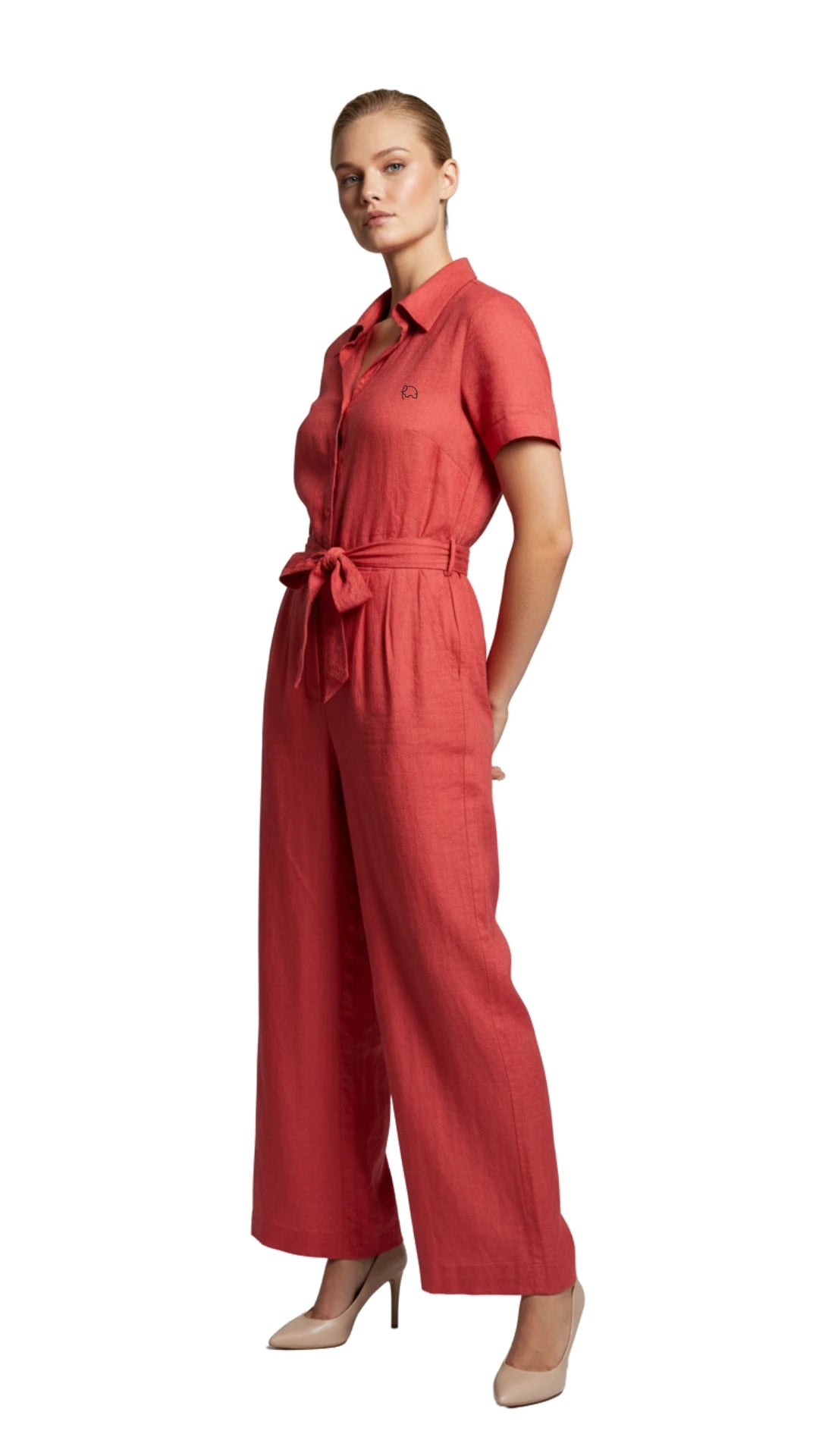 Women stylish pose showcasing Karee's Sustainable Jumpsuit for women - Linen
