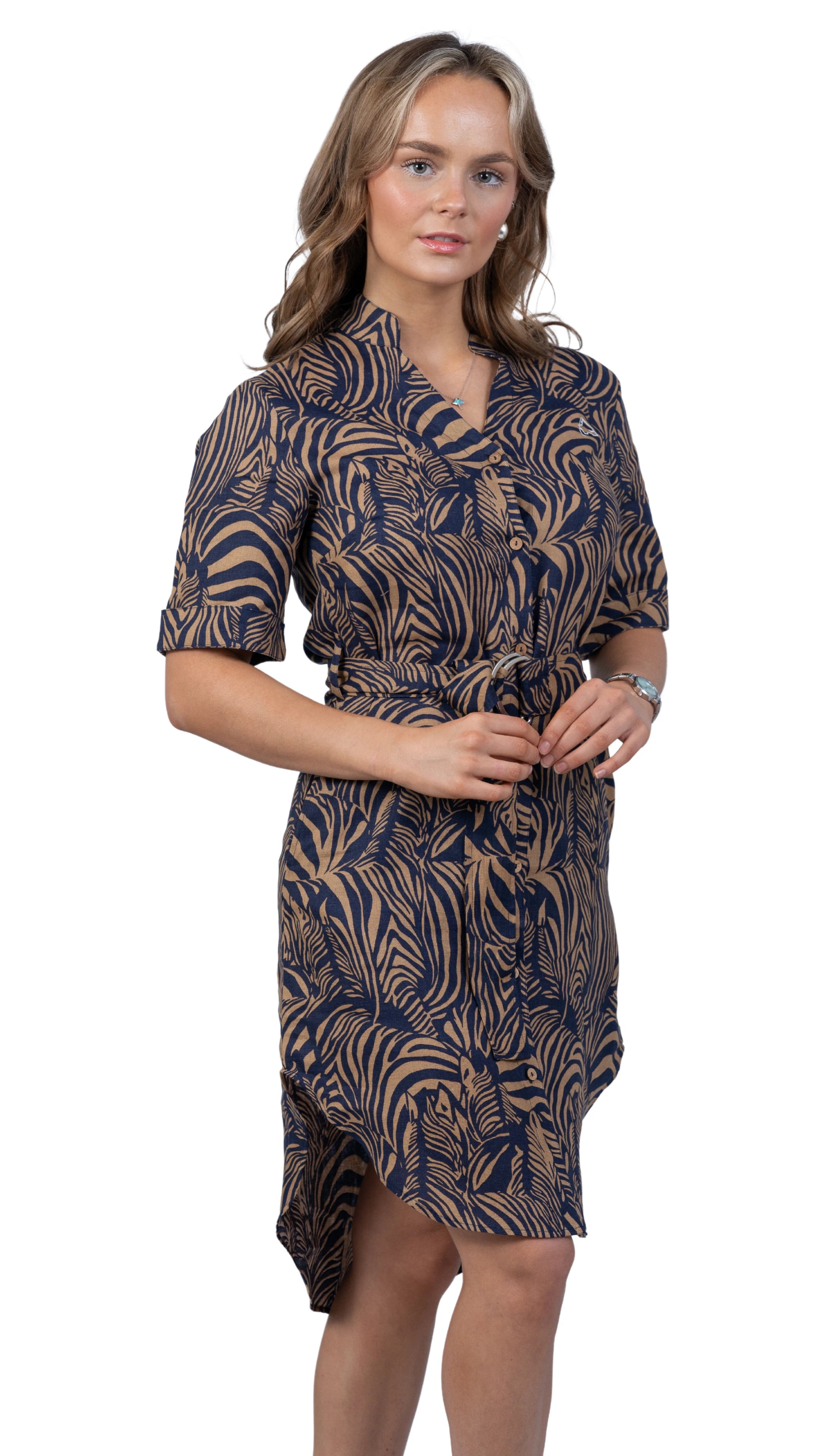 Embrace Coastal Chic with Sustainability: Navy Nights Golden Palm Leaves Linen Shirt Dress