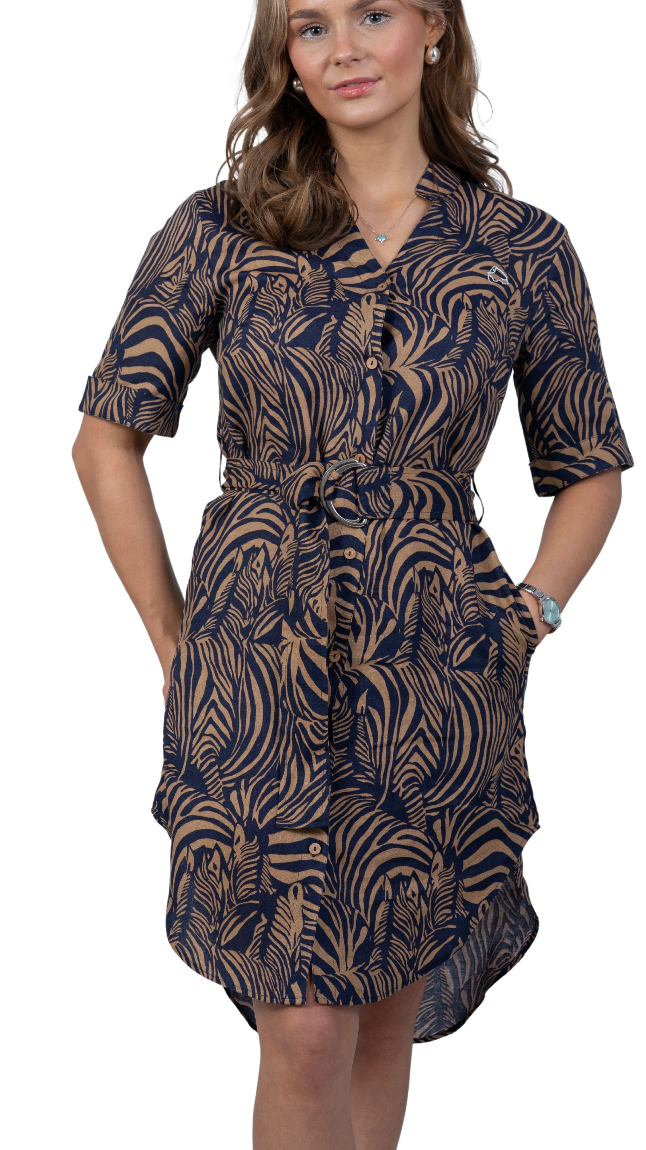 Embrace Coastal Chic with Sustainability: Navy Nights Golden Palm Leaves Linen Shirt Dress