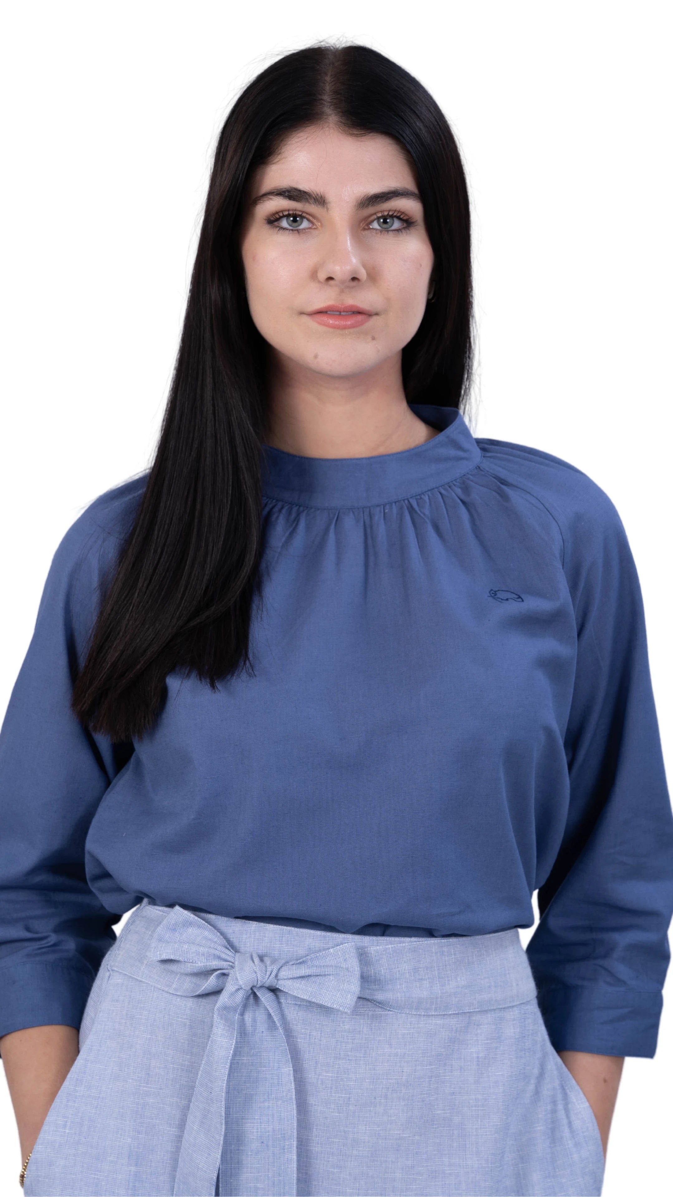 Embrace Tranquil Elegance: Bio Blue 3/4 Sleeve Linen Top