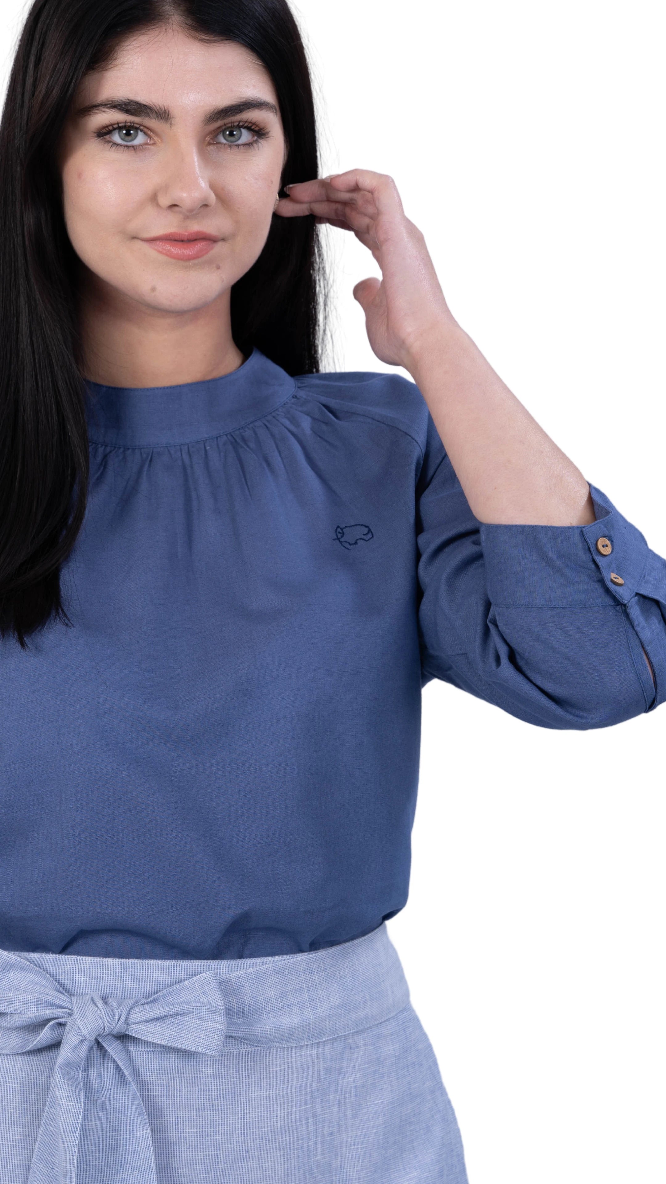 Embrace Tranquil Elegance: Bio Blue 3/4 Sleeve Linen Top