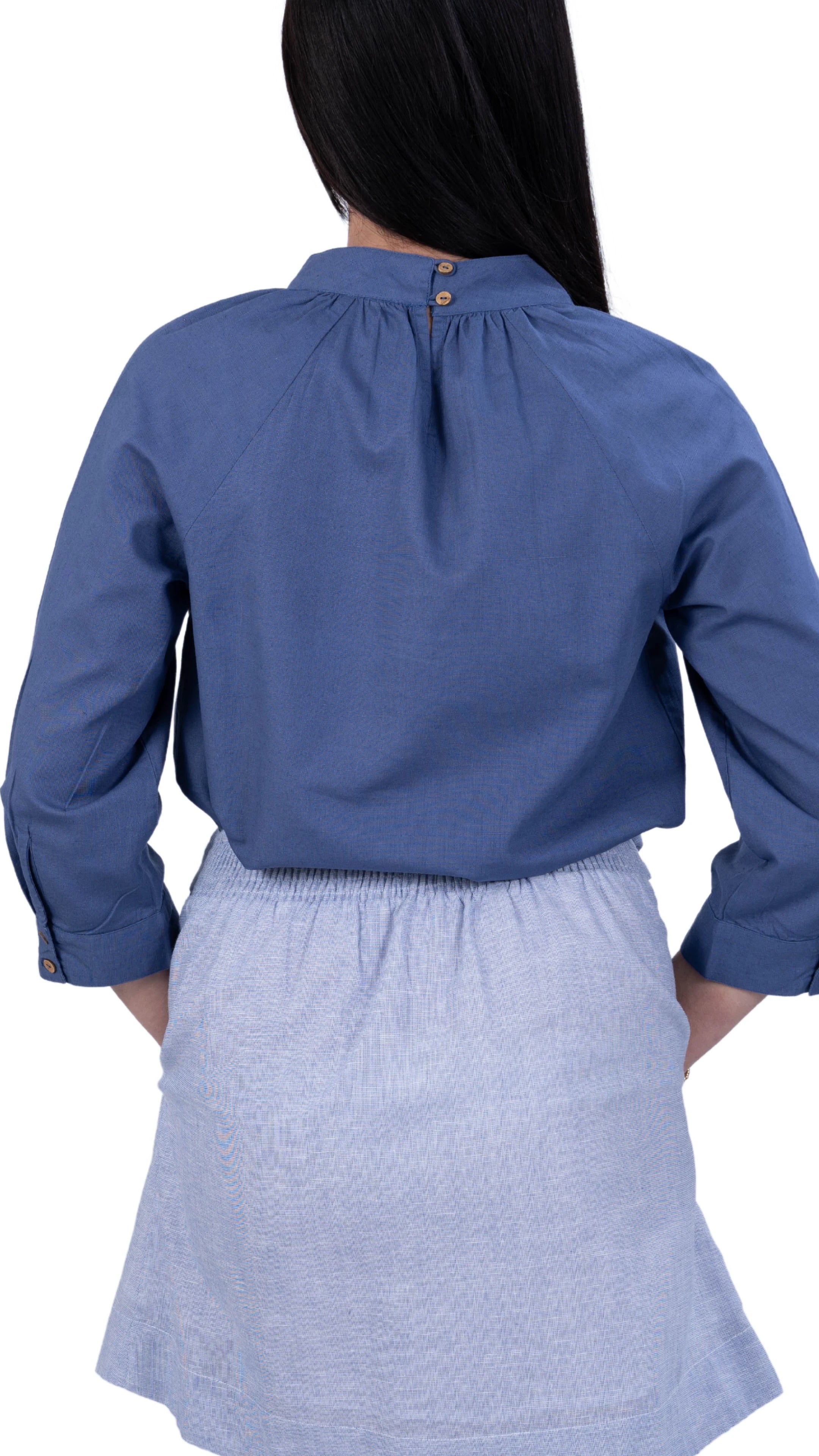 Embrace Tranquil Elegance: Bio Blue 3/4 Sleeve Linen Top