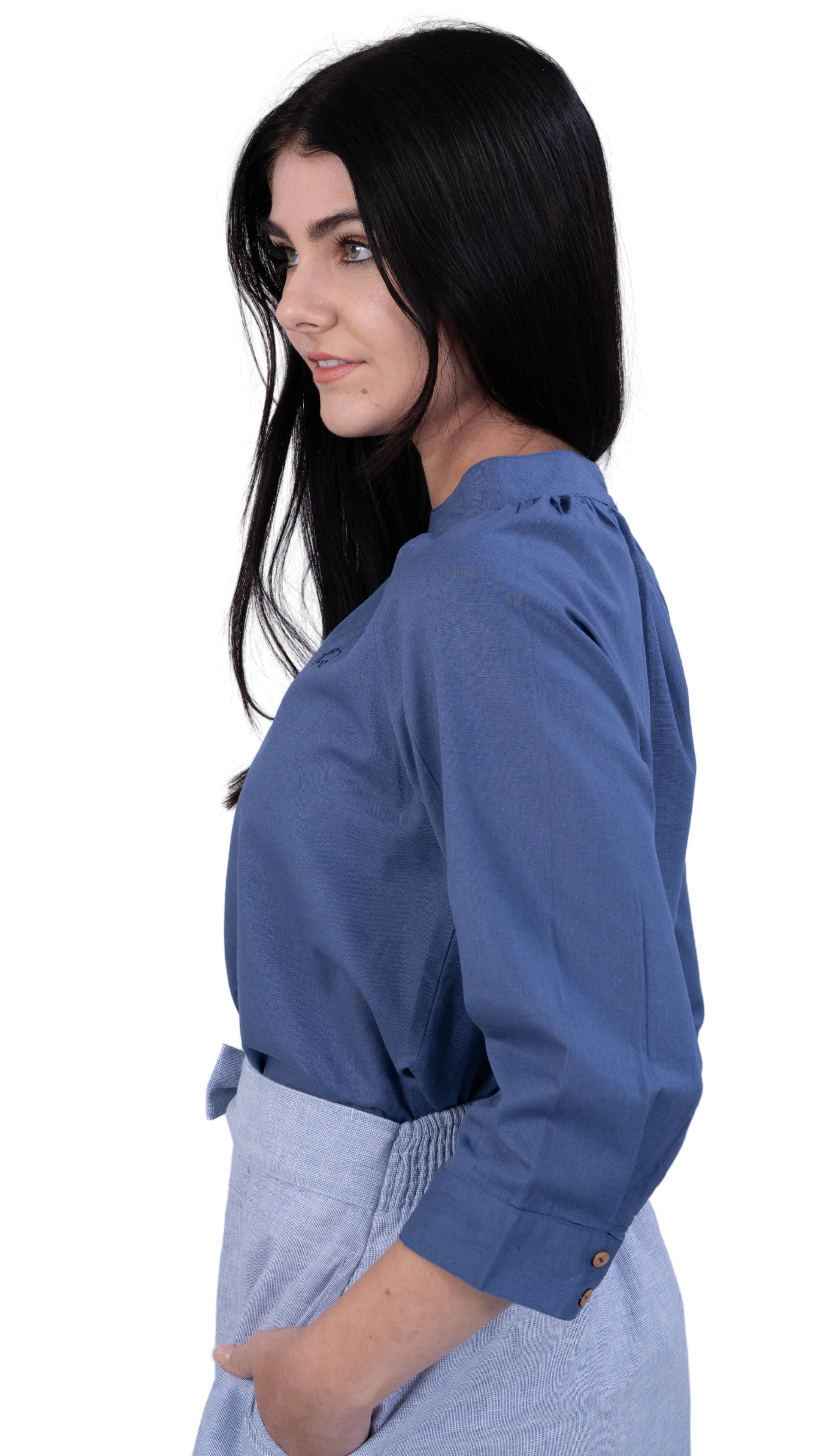 Embrace Tranquil Elegance: Bio Blue 3/4 Sleeve Linen Top