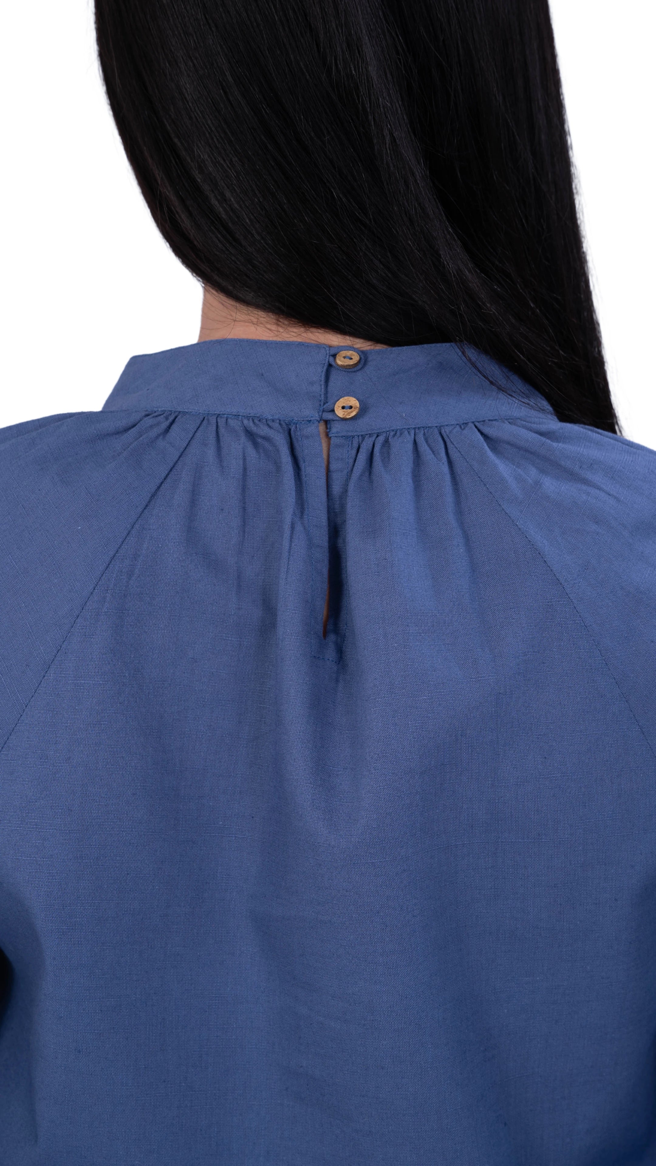 Embrace Tranquil Elegance: Bio Blue 3/4 Sleeve Linen Top