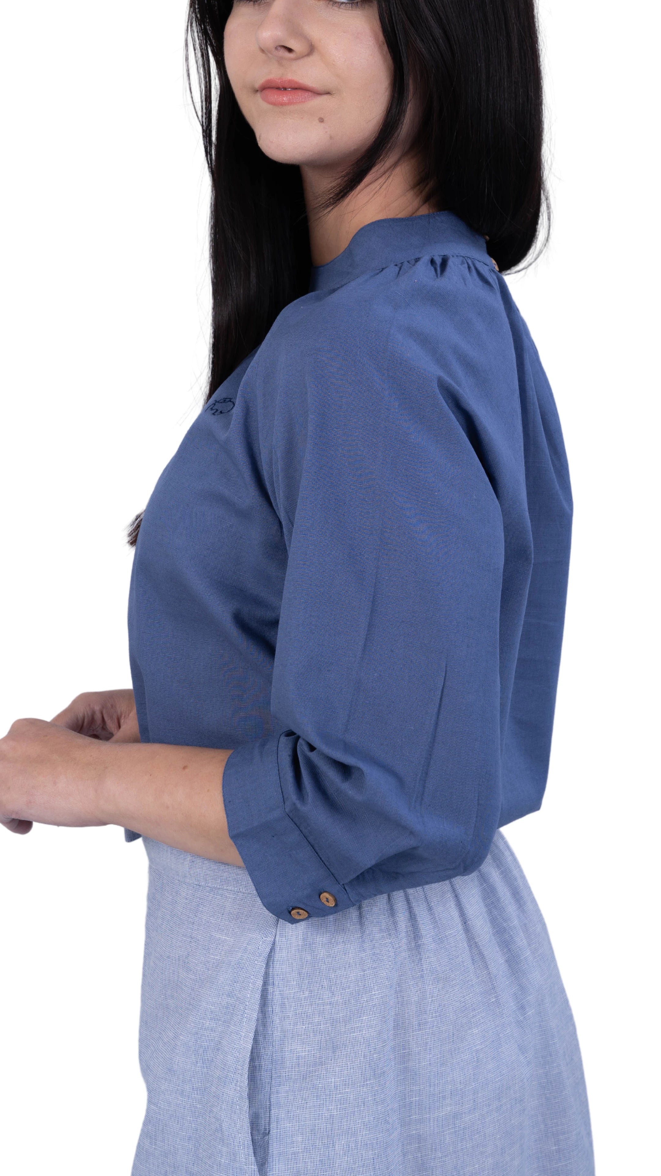 Embrace Tranquil Elegance: Bio Blue 3/4 Sleeve Linen Top