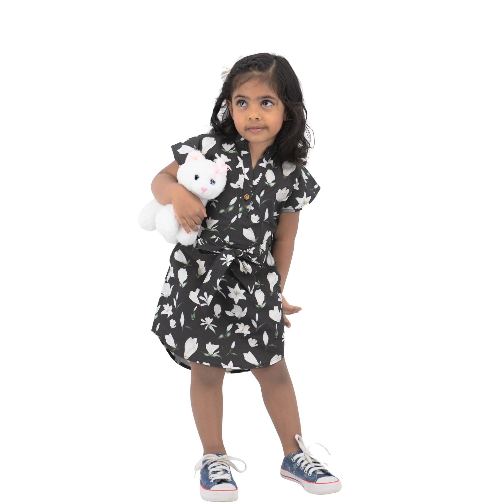 Black Lilly Blossom Cotton Shirt Dress - DressKaree