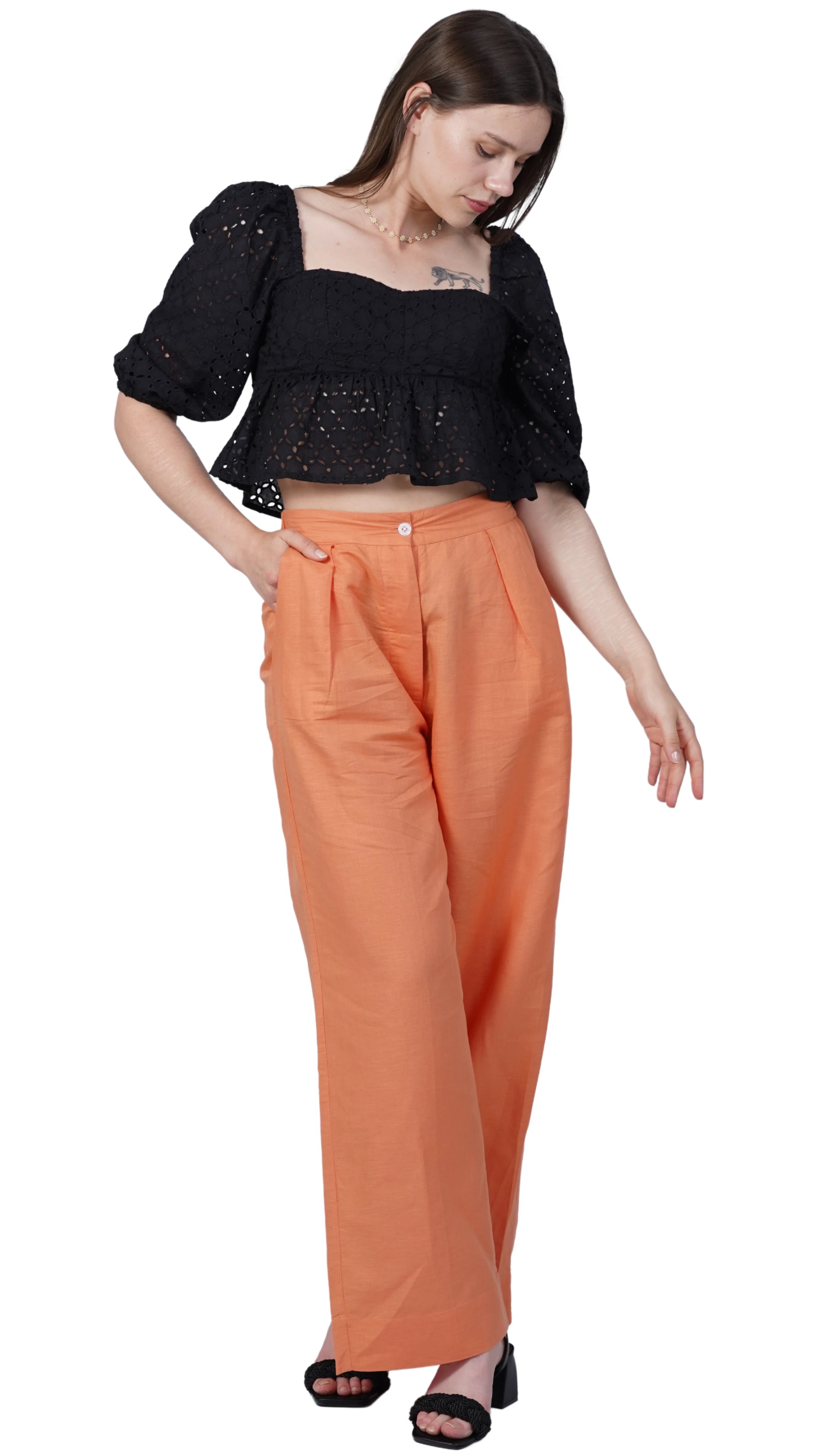 Embolden Your Look with Sustainable Luxury: Deep Saffron Wide Leg Linen Trousers - TrousersKaree