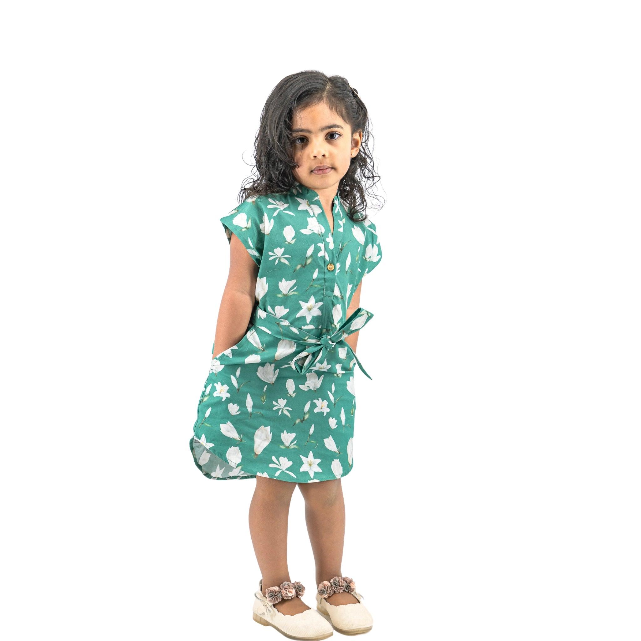 Ethically Made Charm: Bottle Green Lilly Blossom Cotton Shirt Dress - DressKaree
