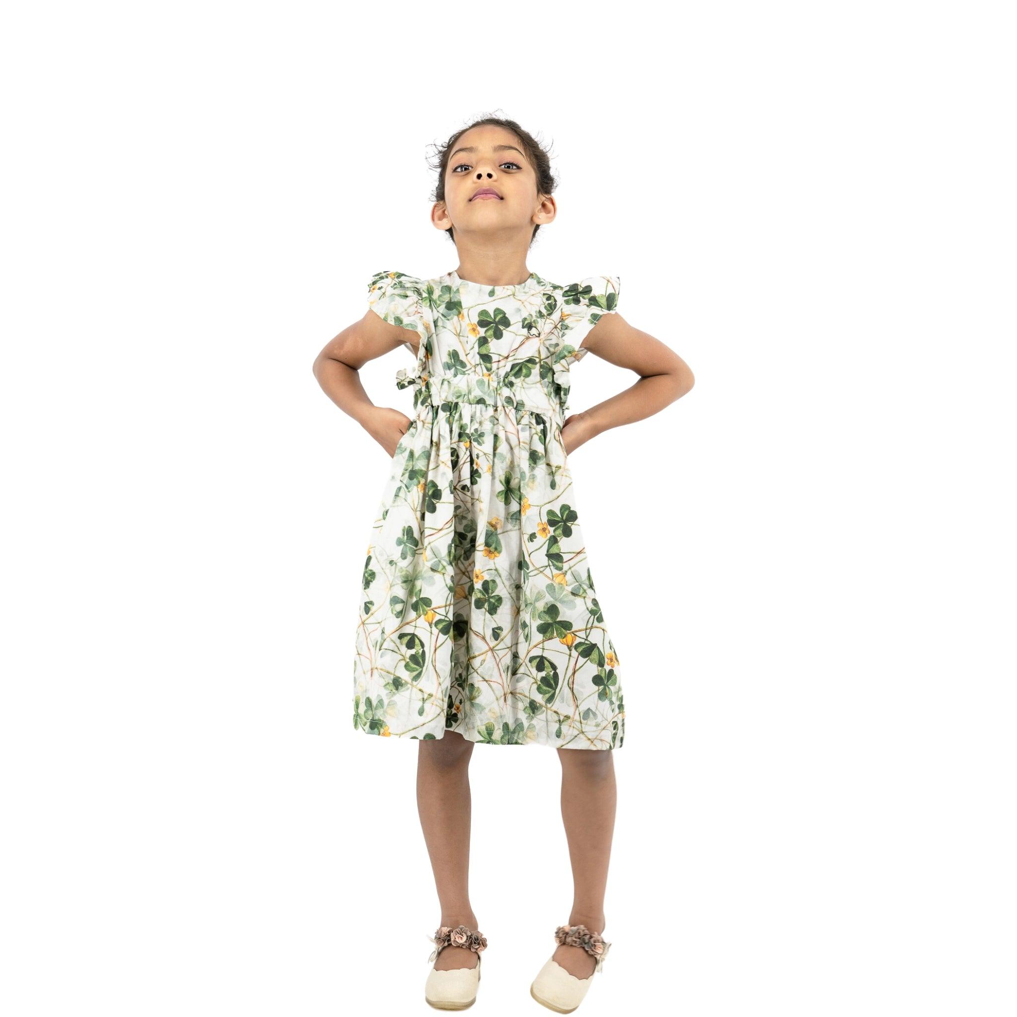 Green Floral Cotton Dress for Girls - DressKaree
