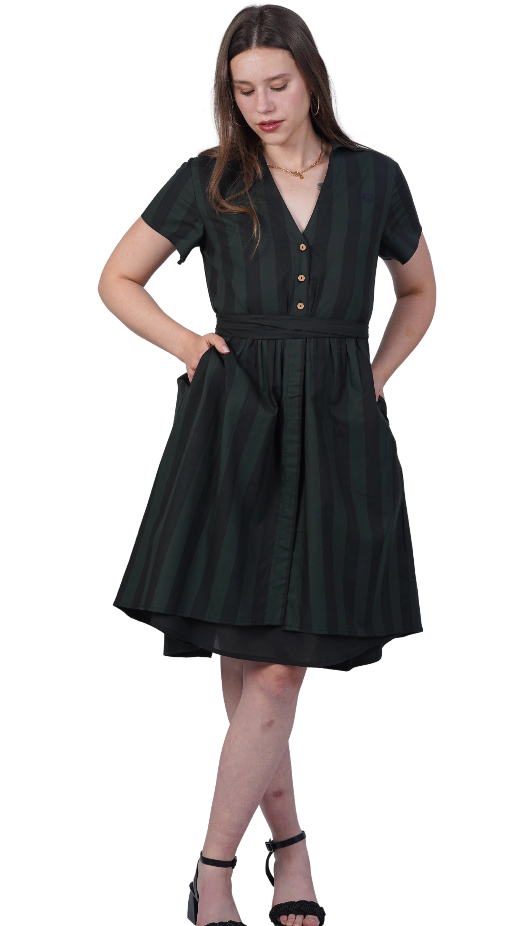 Elevate Your Style Sustainably: Green & Black Striped Elegance Slit Dress