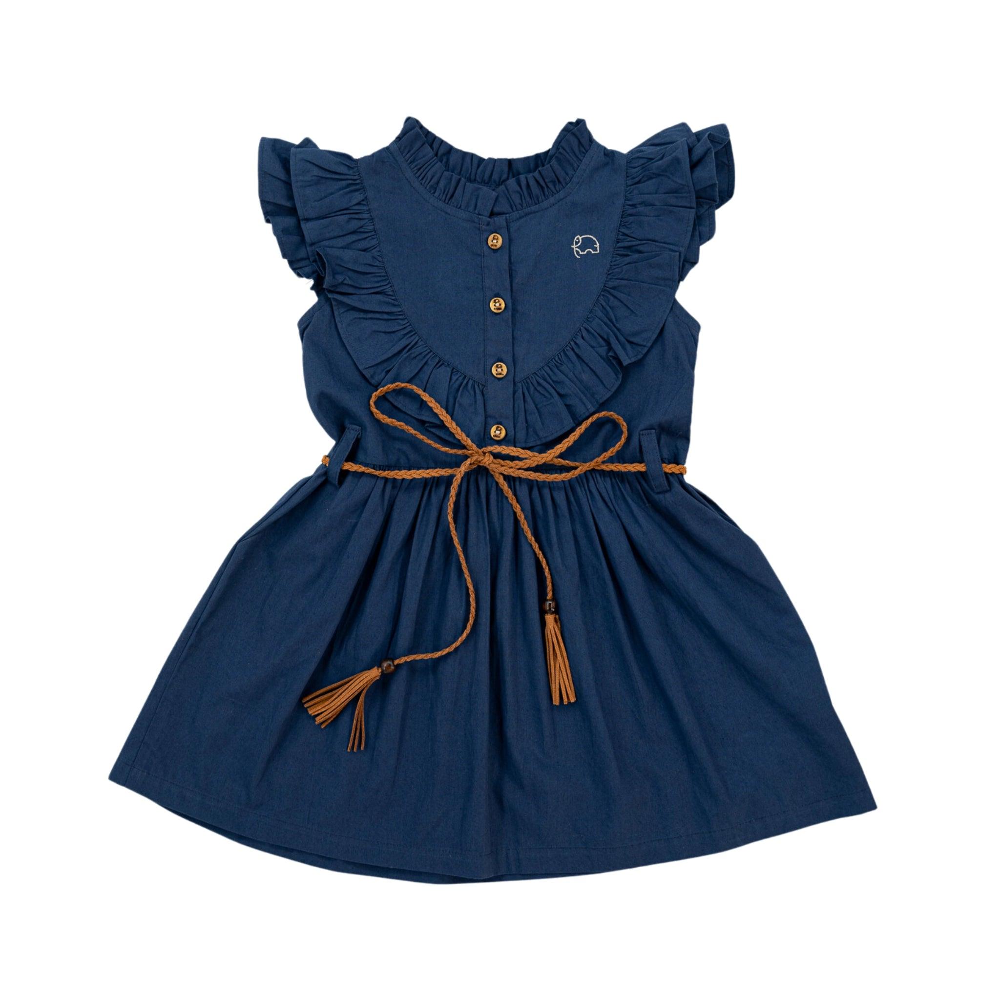 Navy Blue Butterfly Sleeve Cotton Dress - DressKaree