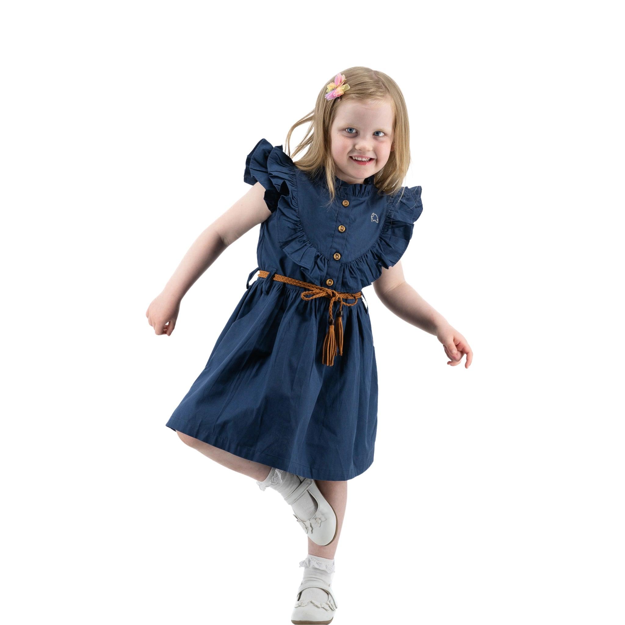 Navy Blue Butterfly Sleeve Cotton Dress - DressKaree