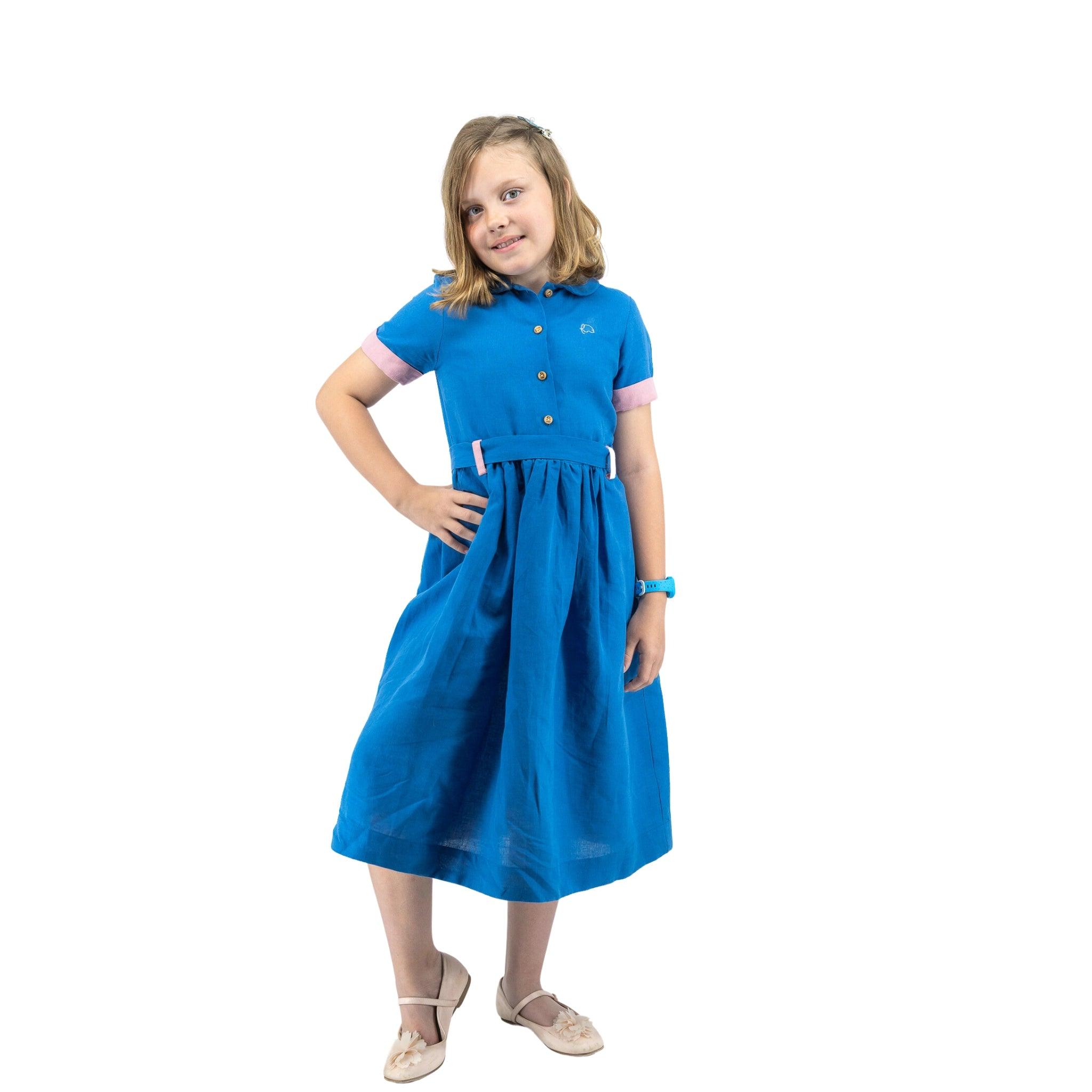 Parisian Blue Linen Dress for Girls - DressKaree