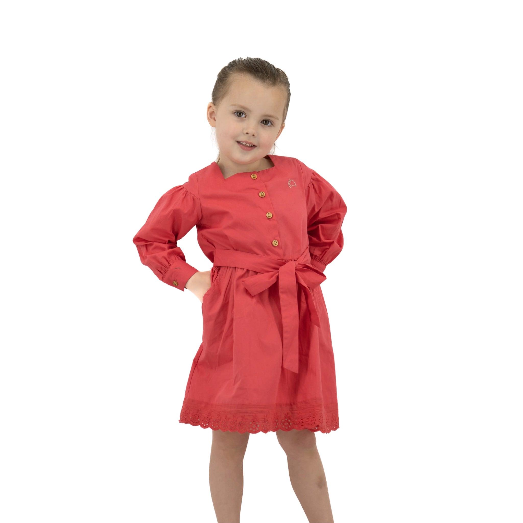 Red Long Puff Sleeve Cotton Dress - DressKaree