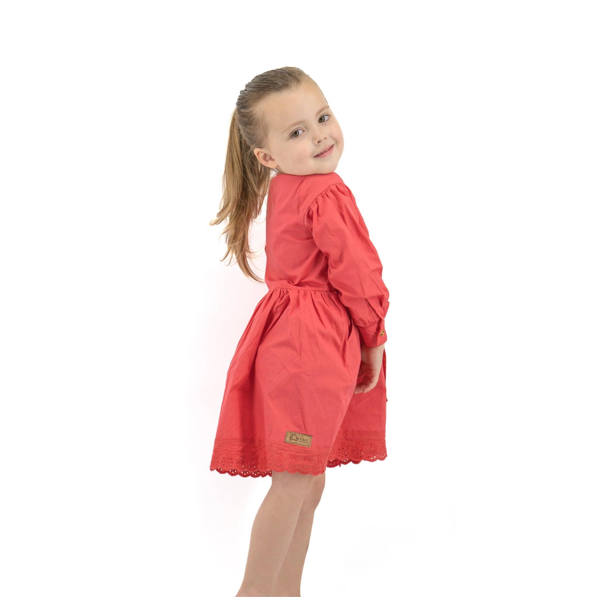 Red Long Puff Sleeve Cotton Dress - DressKaree