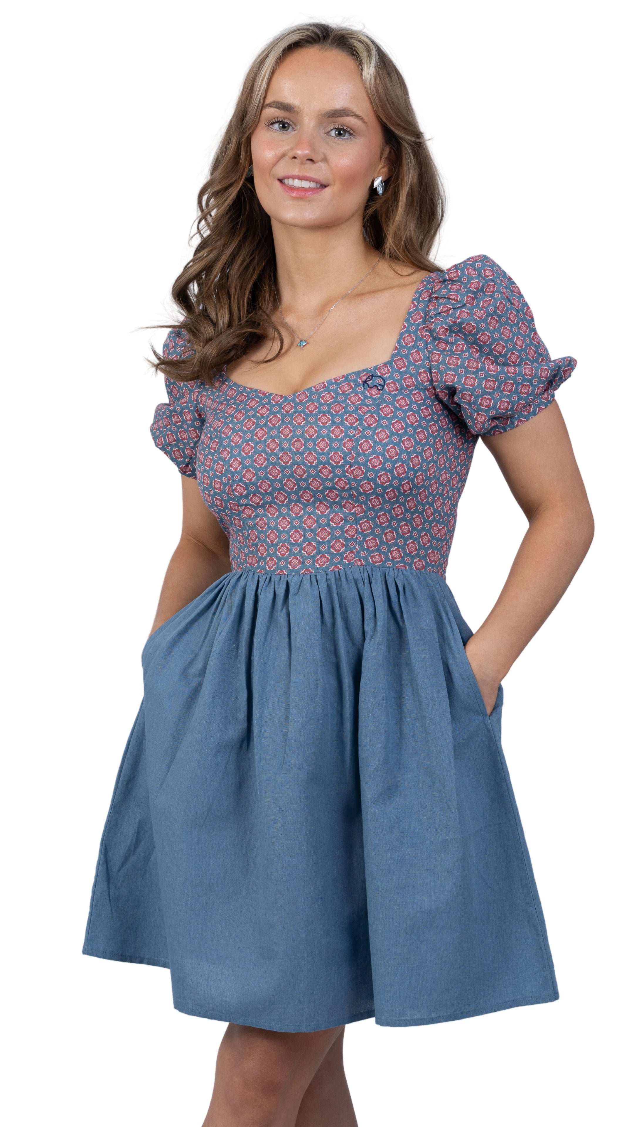 Roman Elegance Blue Floral Frock Dress - DressKaree