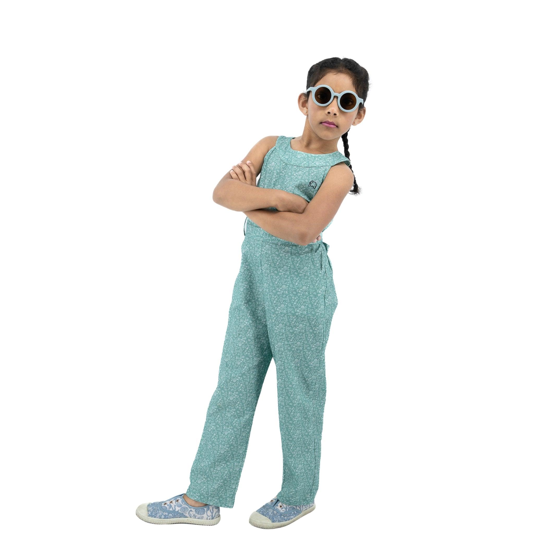 Smoke Green Cotton Jumpsuit For Girls - JumpsuitsKaree