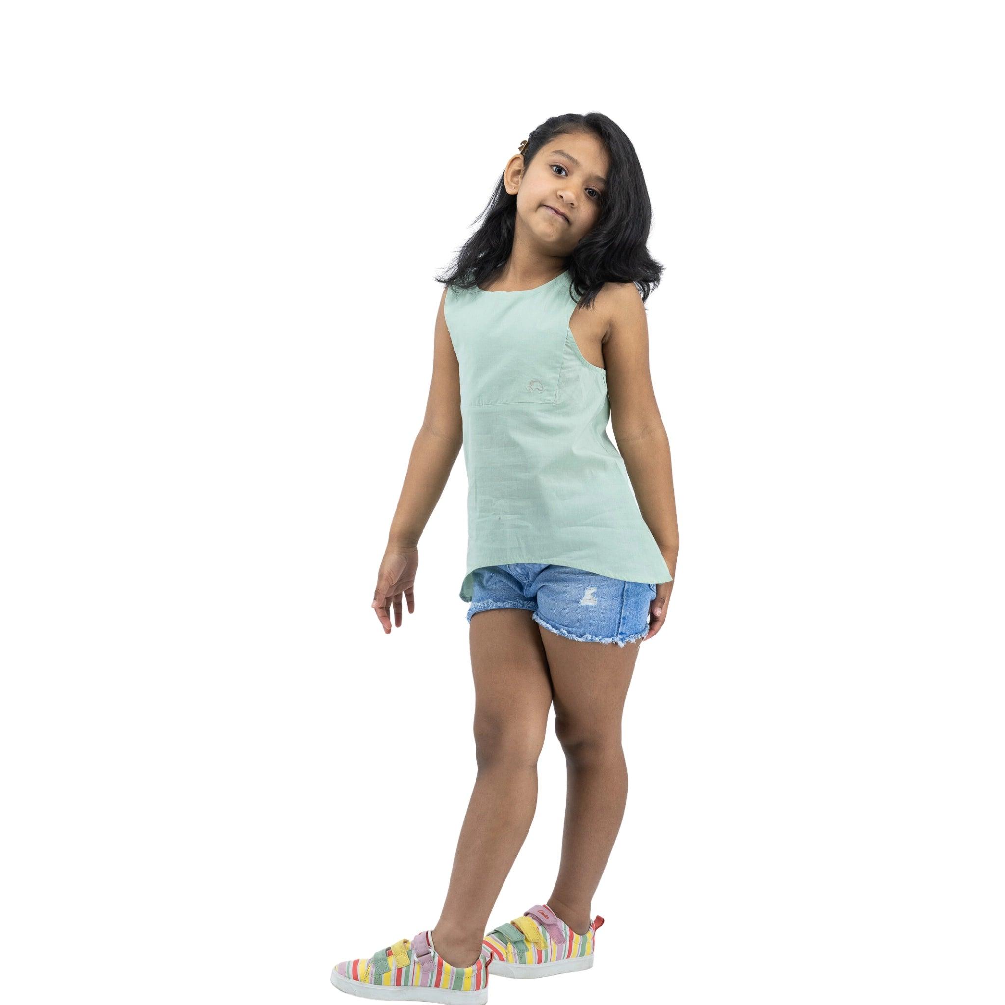 Smoke Green Cotton Kids Top - TopsKaree