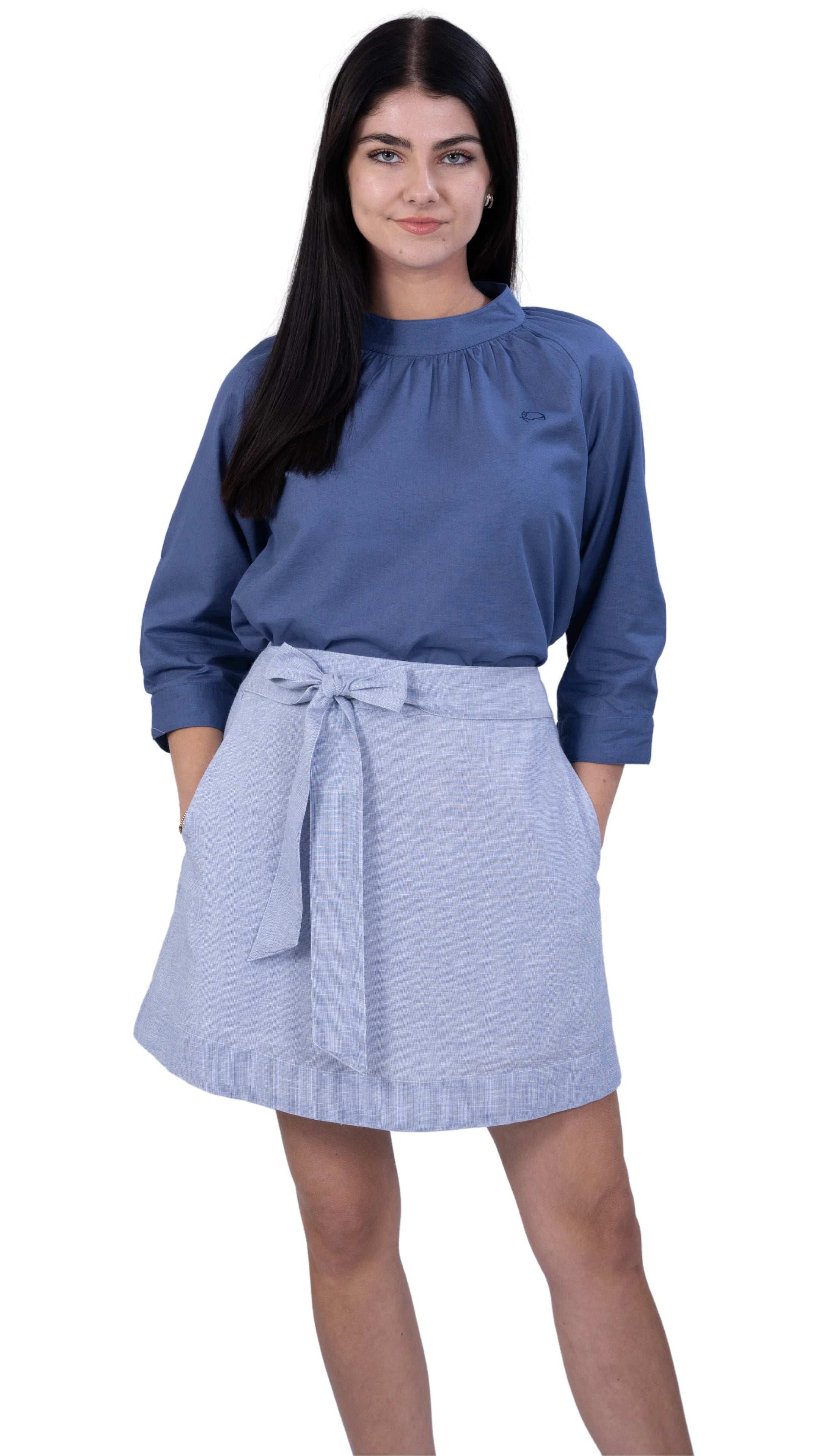 Sustainable Elegance: Light Blue Self Print Elegance Linen Cotton Skirt - SkirtsKaree