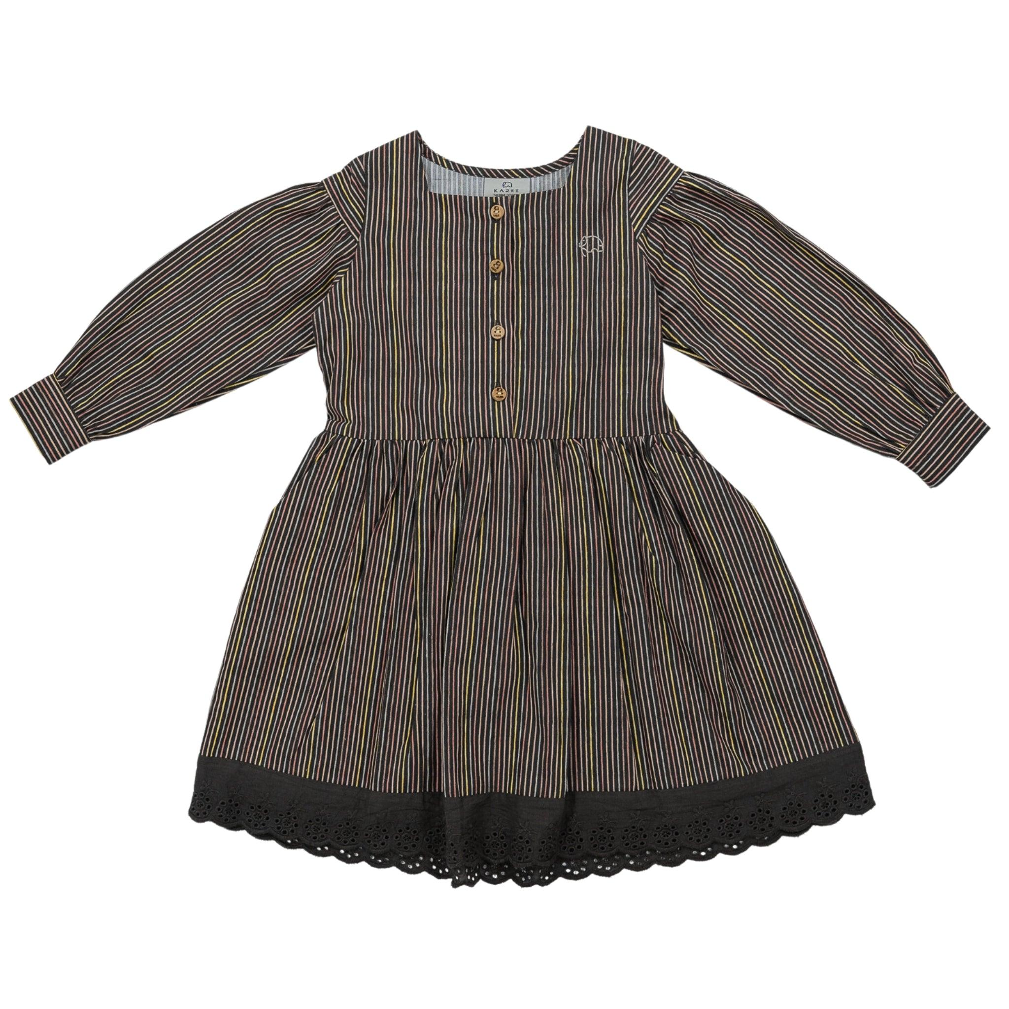 Sustainable Stripes: Eco - Friendly Black Striped Cotton Dress for Girls - DressKaree
