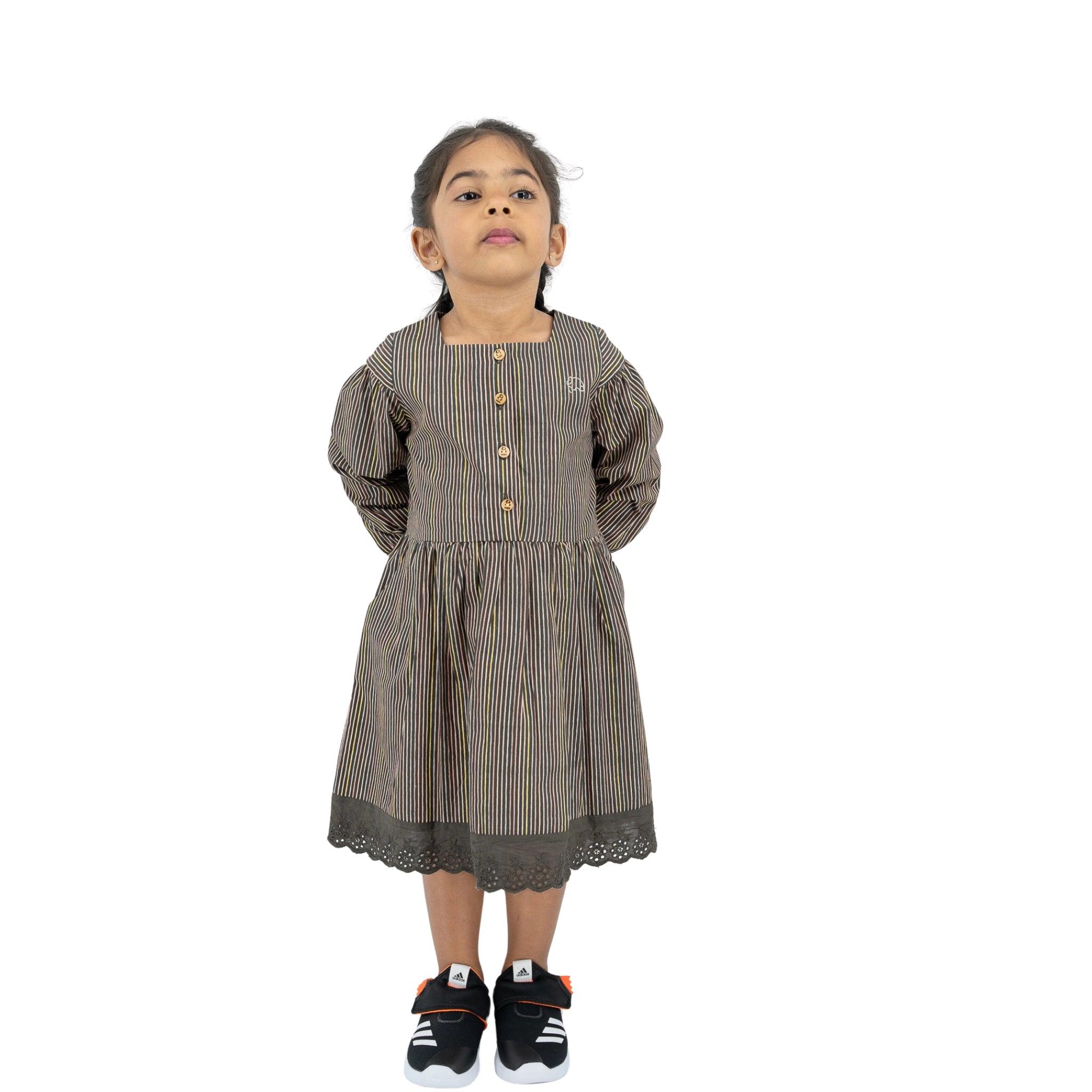 Sustainable Stripes: Eco - Friendly Black Striped Cotton Dress for Girls - DressKaree