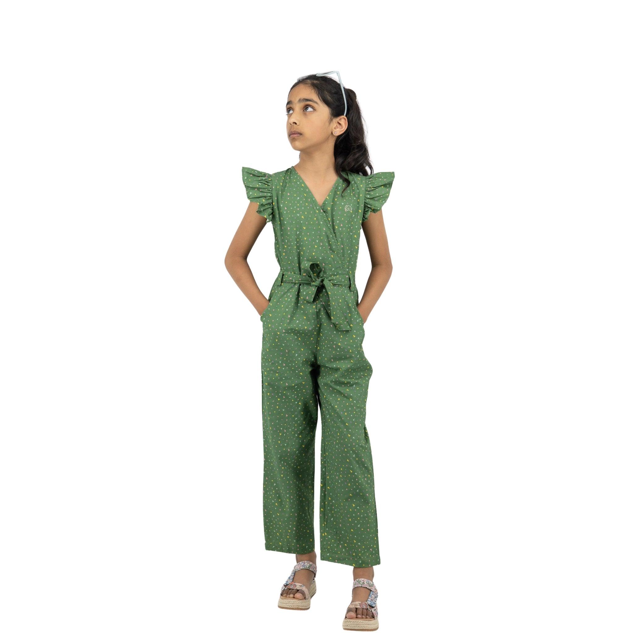 Sustainable Summer Fun: Green Confetti Cotton Jumpsuit for Girls - JumpsuitsKaree