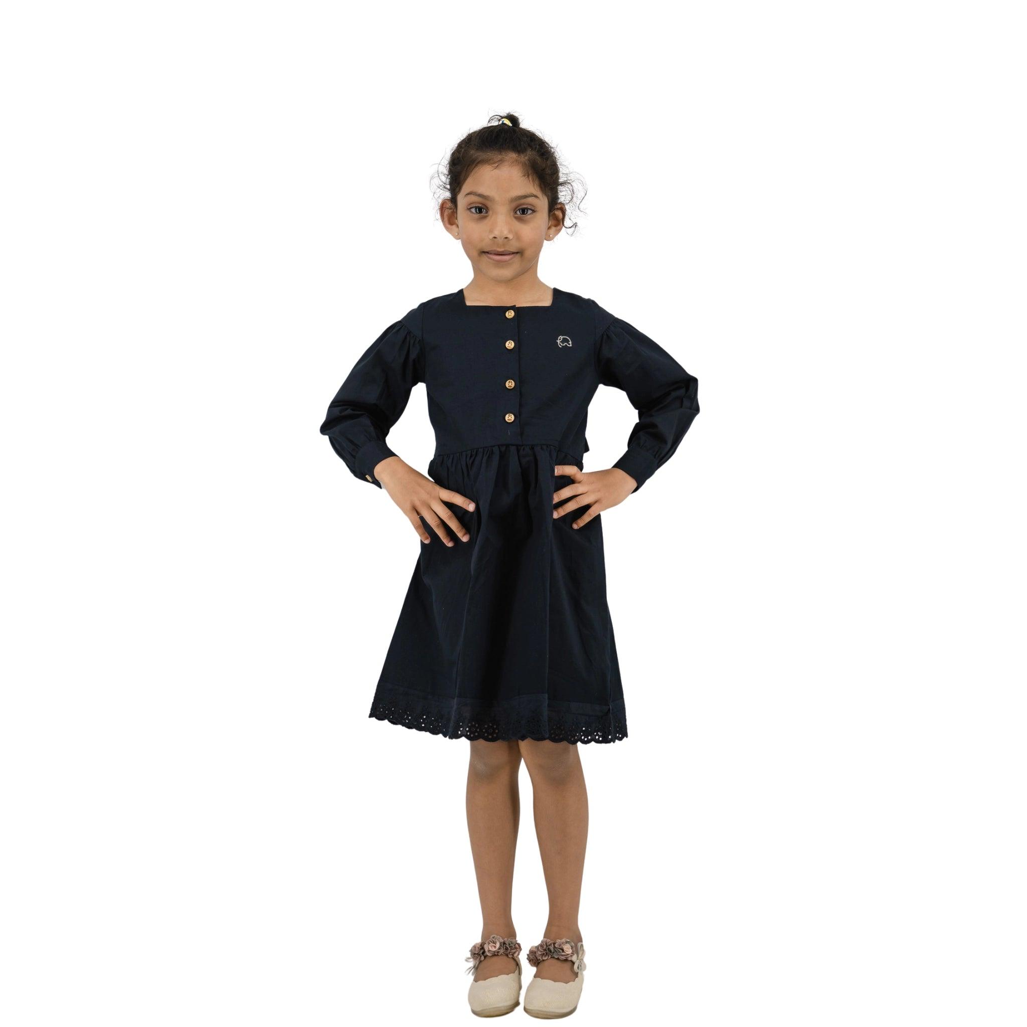 Timeless Style, Kind to the Planet: Black Cotton Dress with Puff Sleeves for Girls - Long Sleeve DressKaree