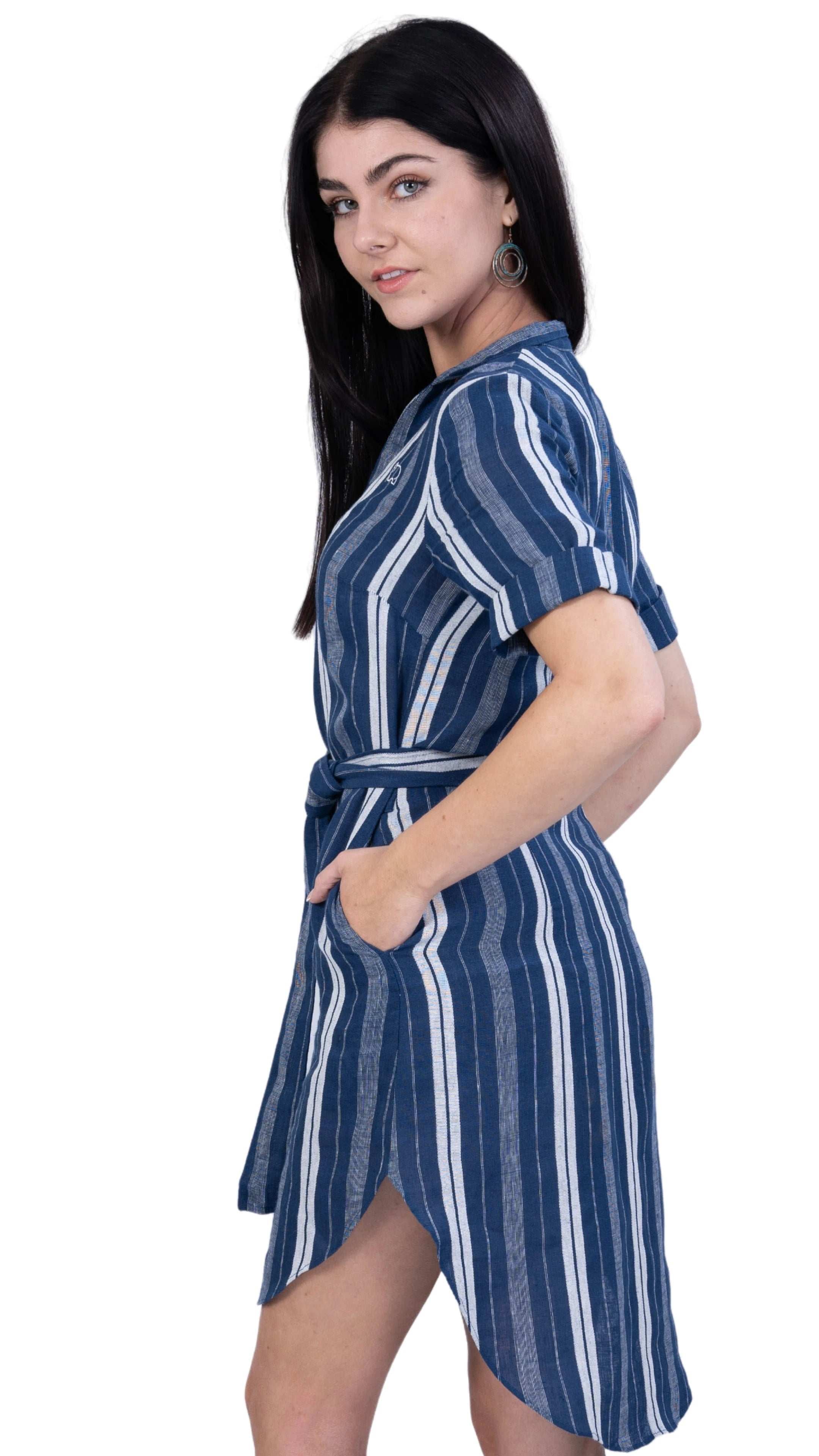 V - Neck Linen Dress with Mandarin Collar for women - DressKaree