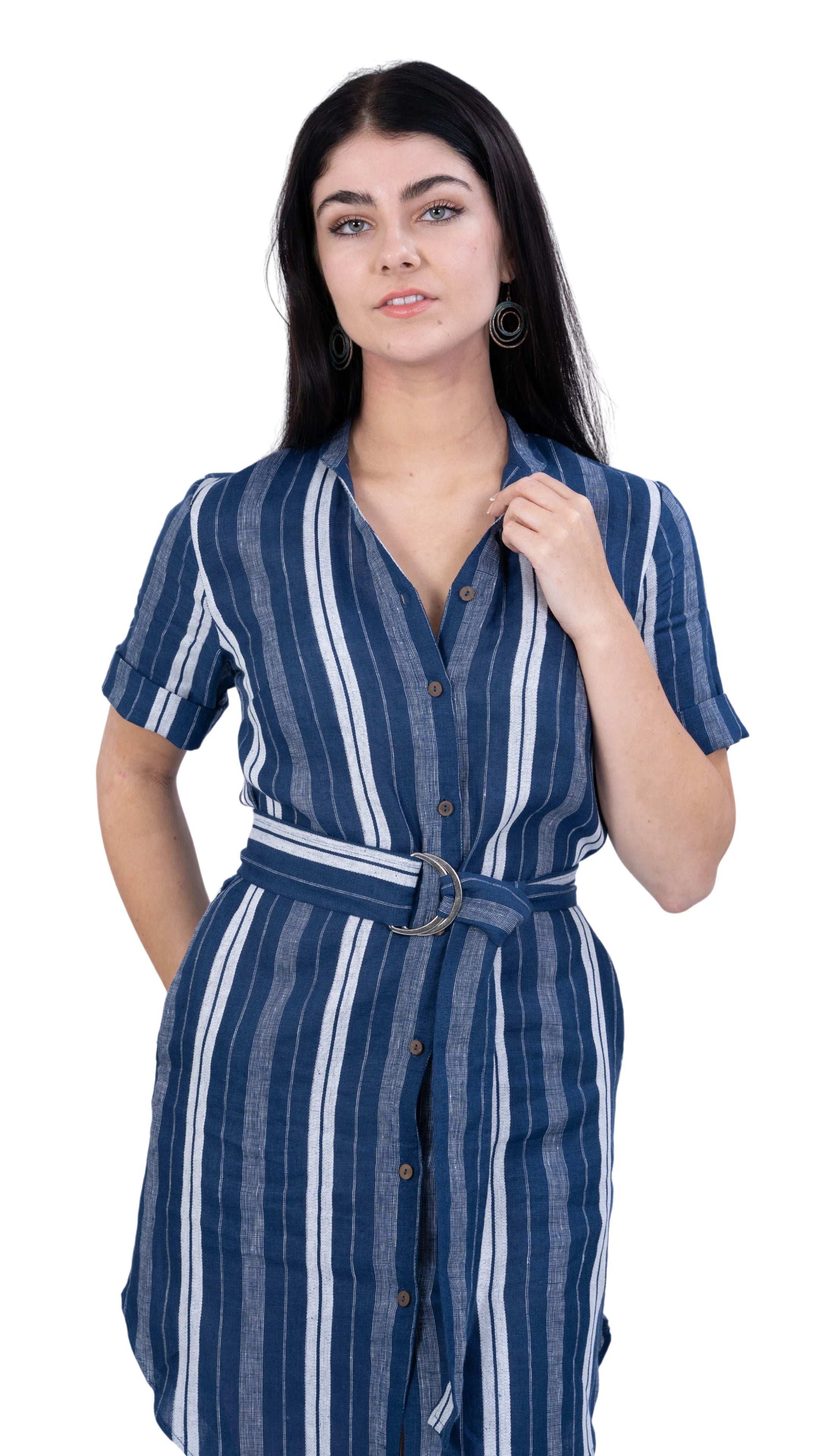 V - Neck Linen Dress with Mandarin Collar for women - DressKaree