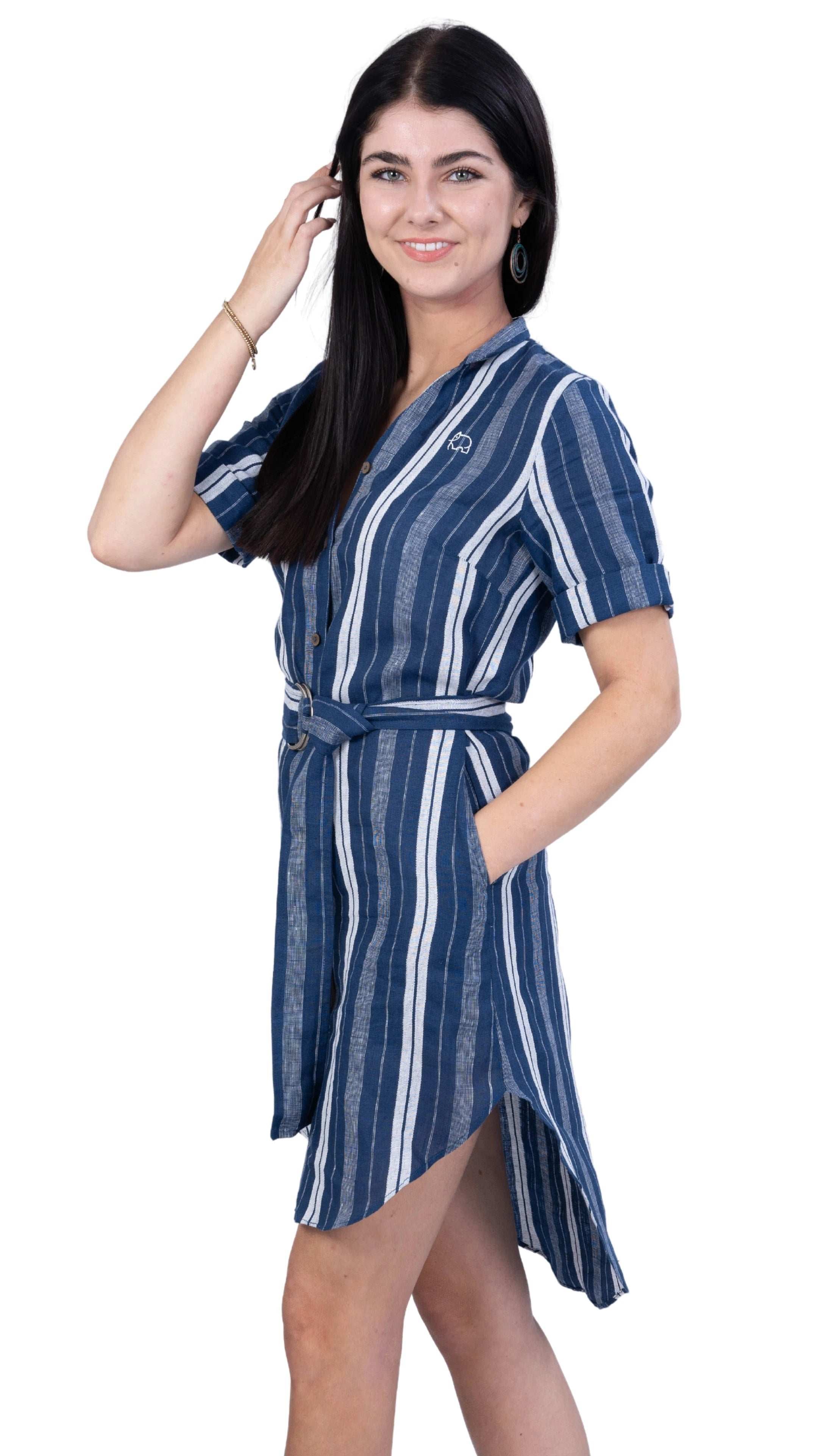 V - Neck Linen Dress with Mandarin Collar for women - DressKaree