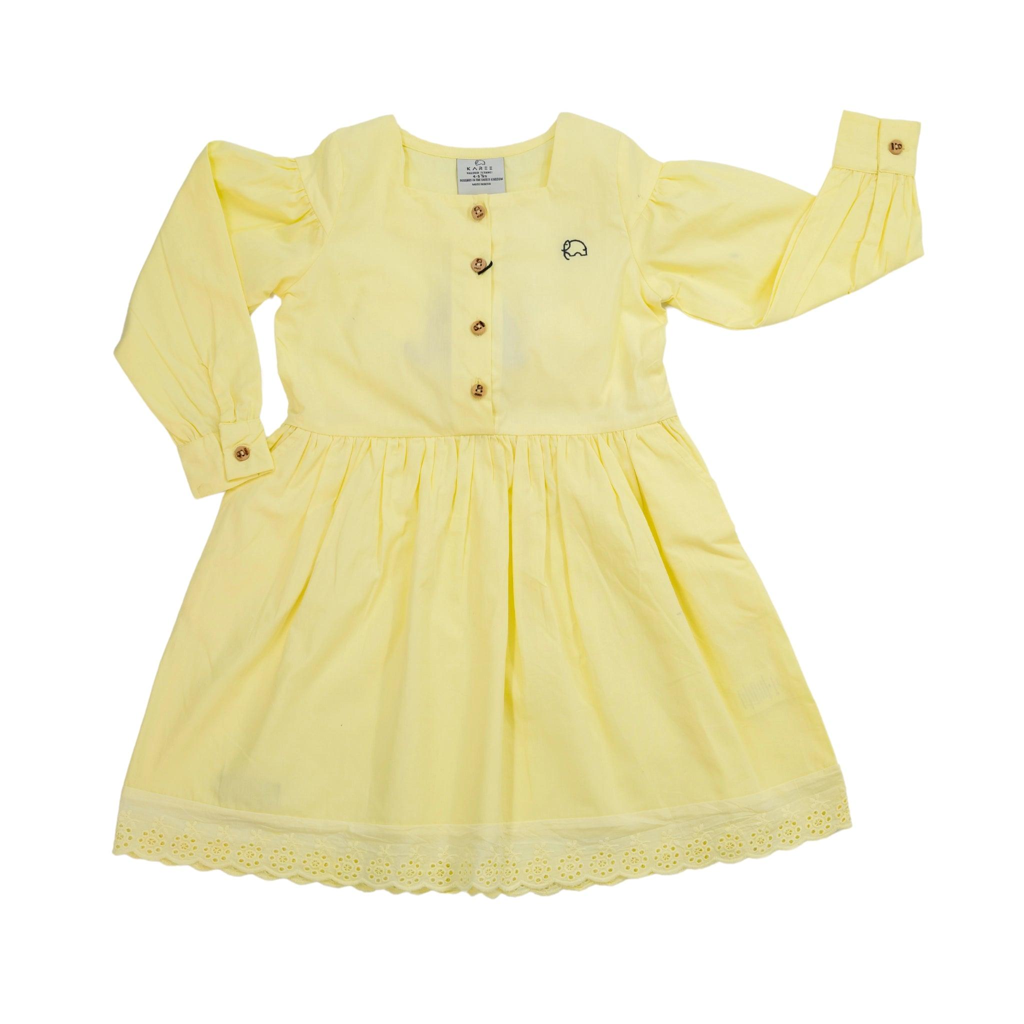 Yellow Long Puff Sleeve Cotton Dress - DressKaree